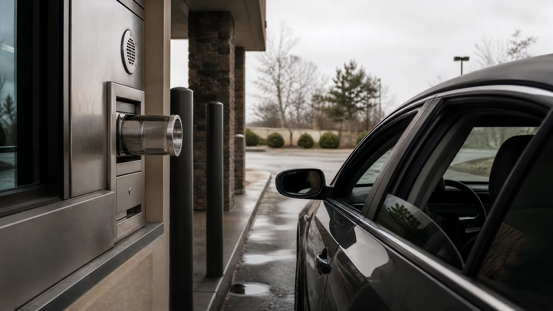 A dark sedan stopped at a drive-through bank window with a stainless steel pneumatic tube canister and speaker on a wet pavement lane, with bare trees and shrubs under an overcast sky.