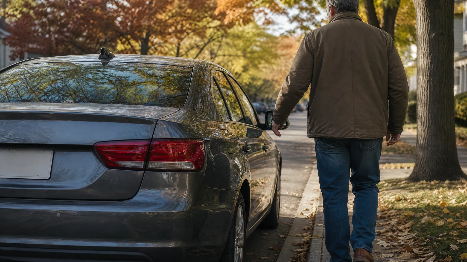 A man in a brown jacket and jeans walks away along a leaf-strewn sidewalk beside a dark gray parked sedan on a tree-lined residential street with autumn foliage.