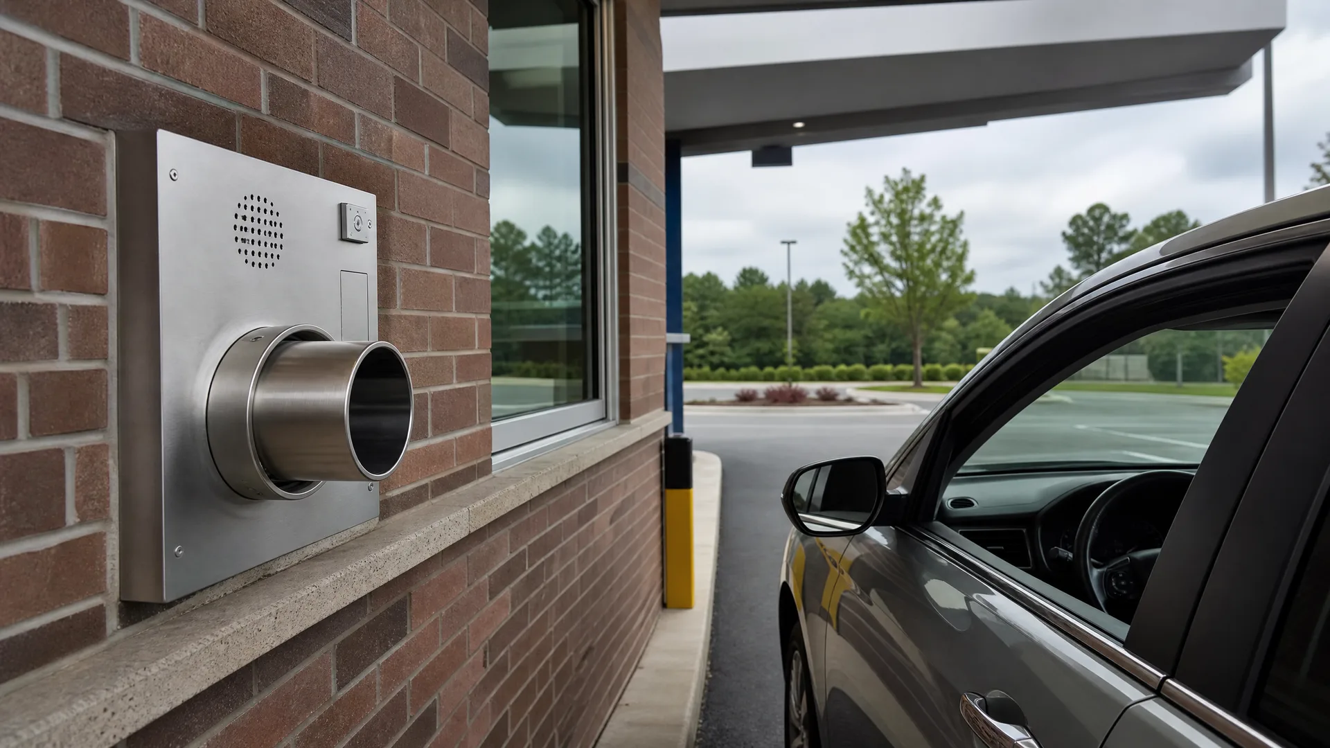 A stainless steel drive-up transaction drawer tube with speaker panel set into a brick wall, with a gray car stopped in the lane beneath a canopy.