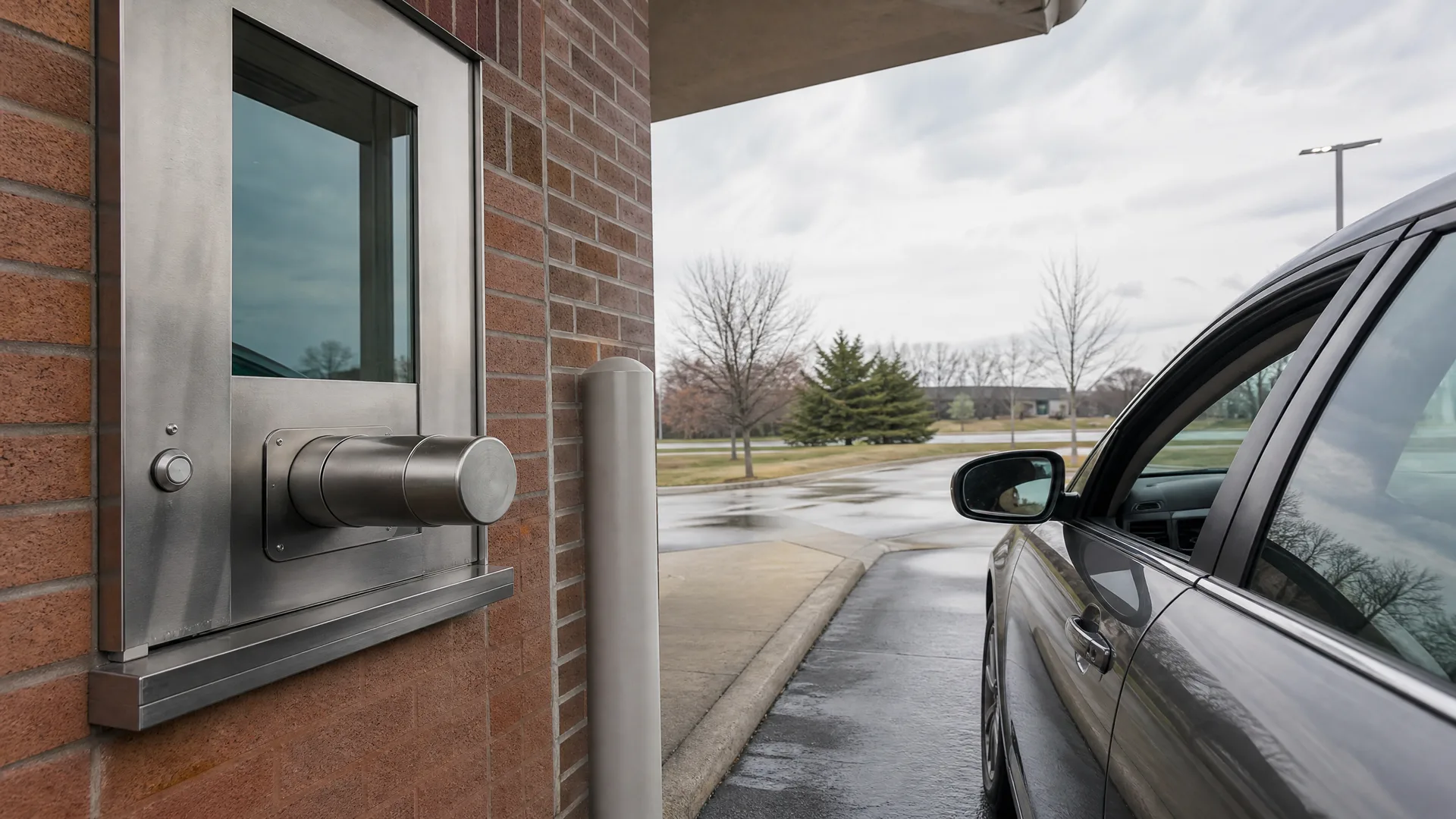 A stainless steel drive-up teller window with a pneumatic tube canister set in a brick wall, with a dark car parked at the lane under an overhang on a wet, overcast day.