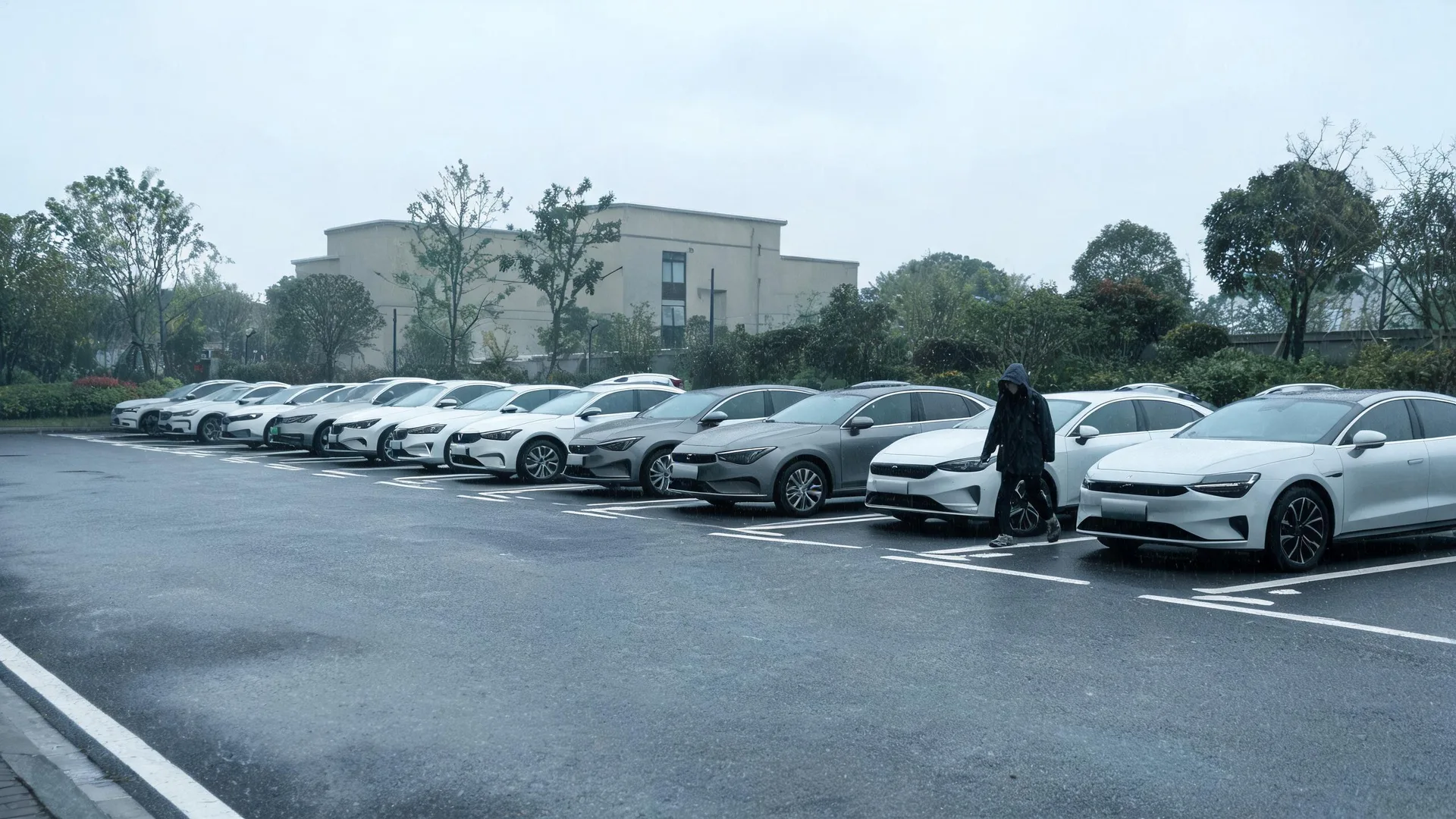 A row of white and grey cars parked diagonally in a wet outdoor parking lot under an overcast sky, with a person in a dark hooded jacket walking between two vehicles and trees and a pale building in the background.