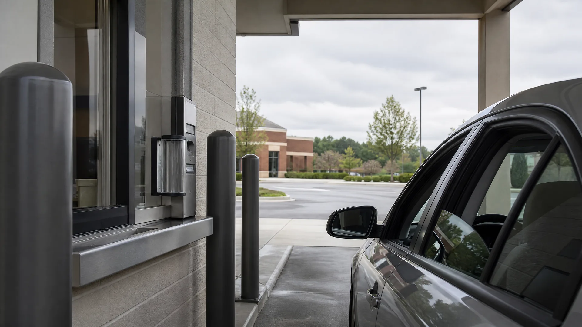 A dark car waits beside a covered drive-through lane with a stainless steel transaction window, deposit drawer and gray bollards, with a parking lot and trees under an overcast sky in the background.