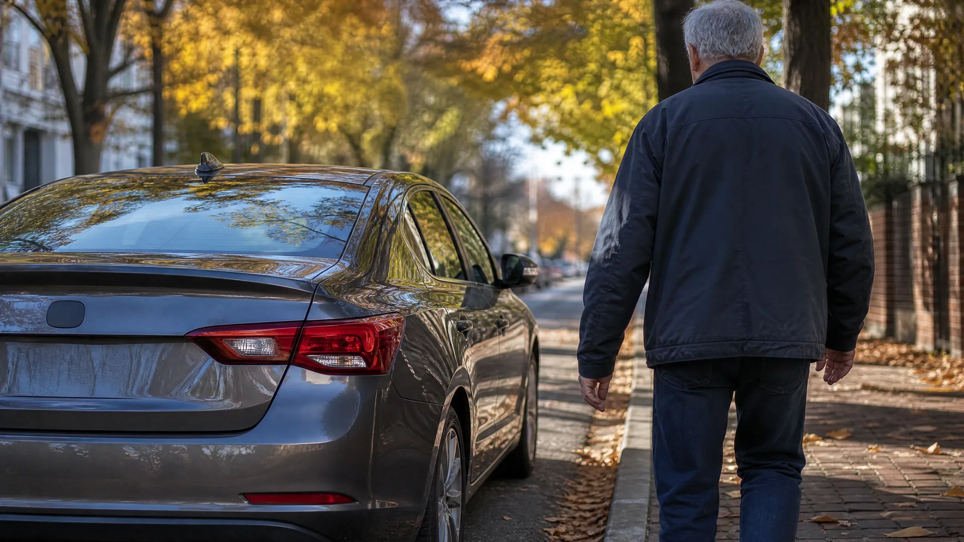 A gray-haired man in a dark jacket and jeans walks away along a brick sidewalk beside a gray sedan parked on a tree-lined street with yellow autumn foliage.