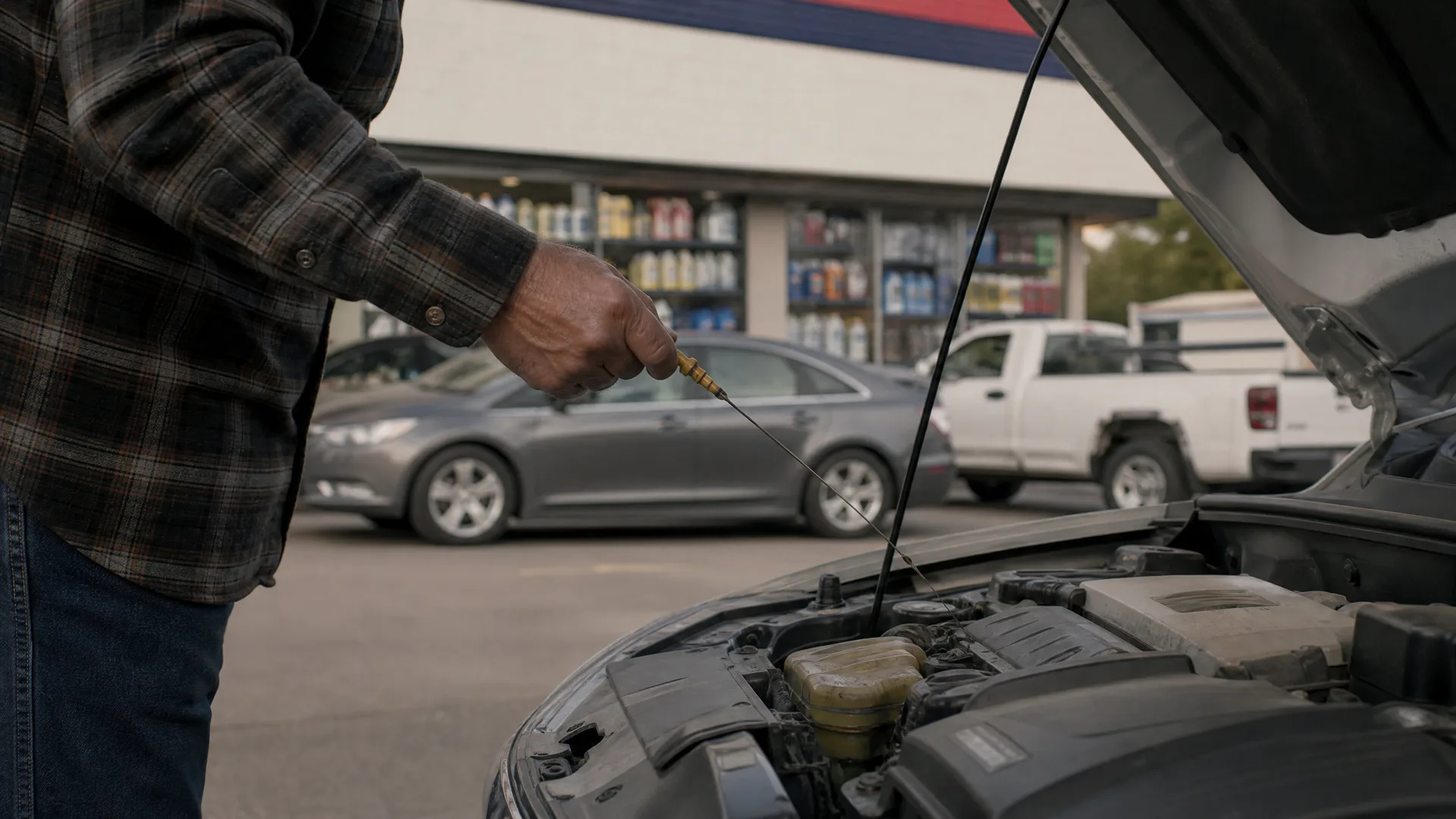 A person in a plaid shirt and jeans holds a dipstick over an open car hood in a parking lot, with a gray sedan, a white pickup truck and a storefront in the background.