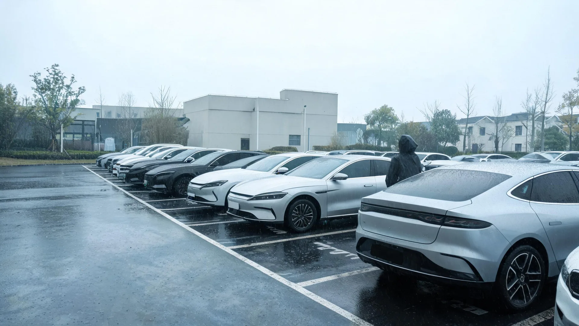 A wet outdoor parking lot with rows of mostly white and dark sedans parked in marked bays, one person in a hooded jacket standing between cars, and low pale buildings and bare trees under an overcast sky.
