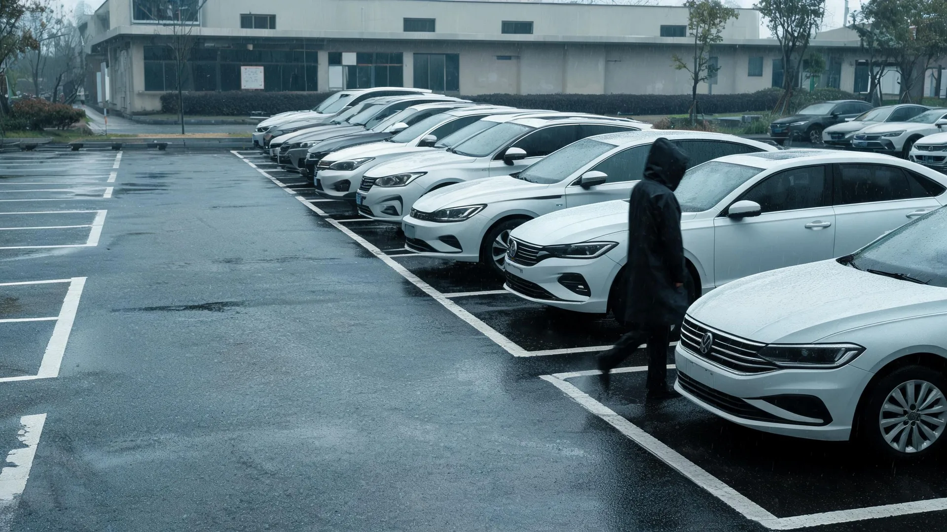 A person in a dark hooded coat walks between rows of parked white cars on a wet parking lot in front of a low industrial building.
