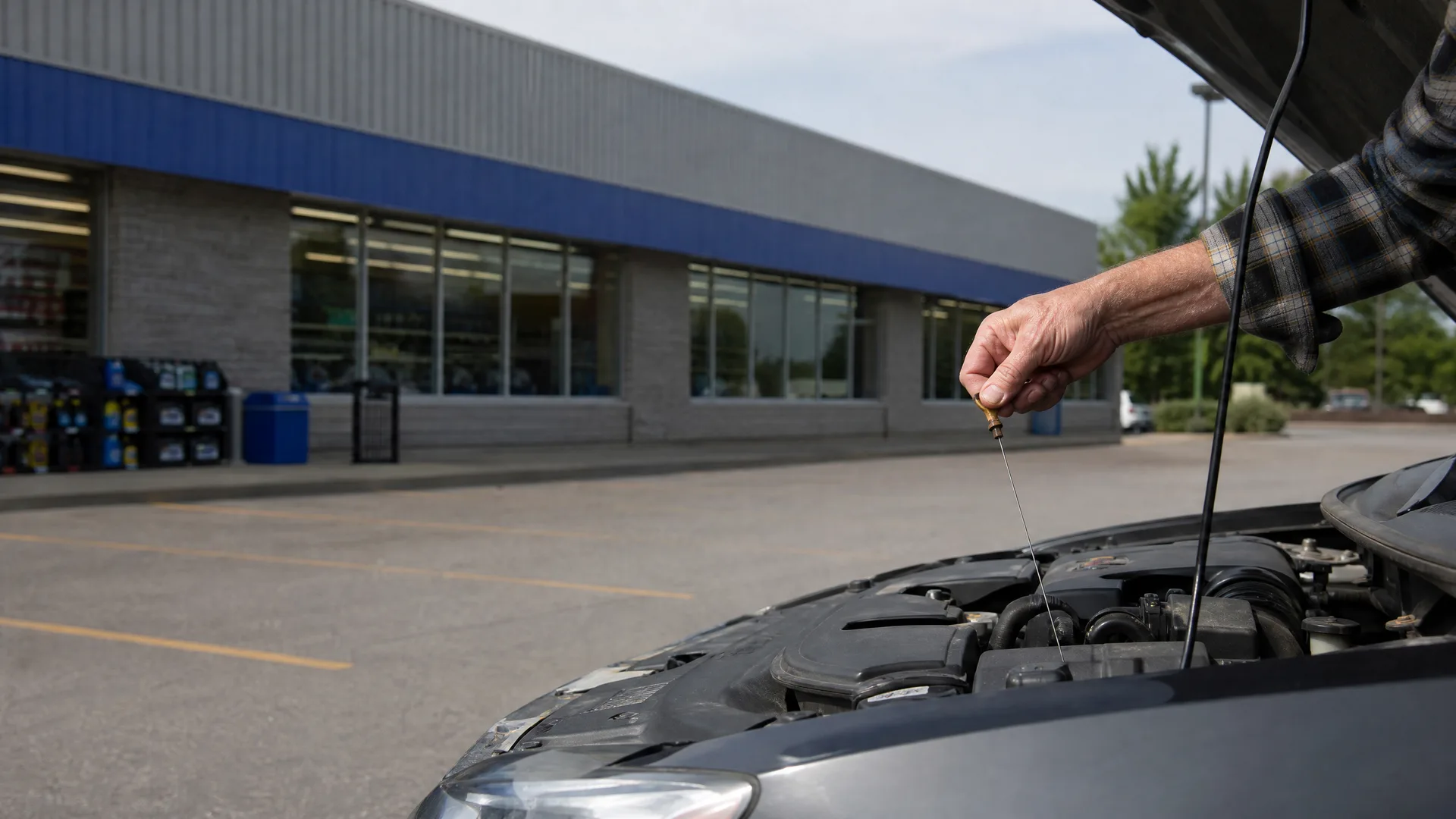 A person's hand in a plaid shirt holds a dipstick above the open engine bay of a dark car in a parking lot in front of a low store building.