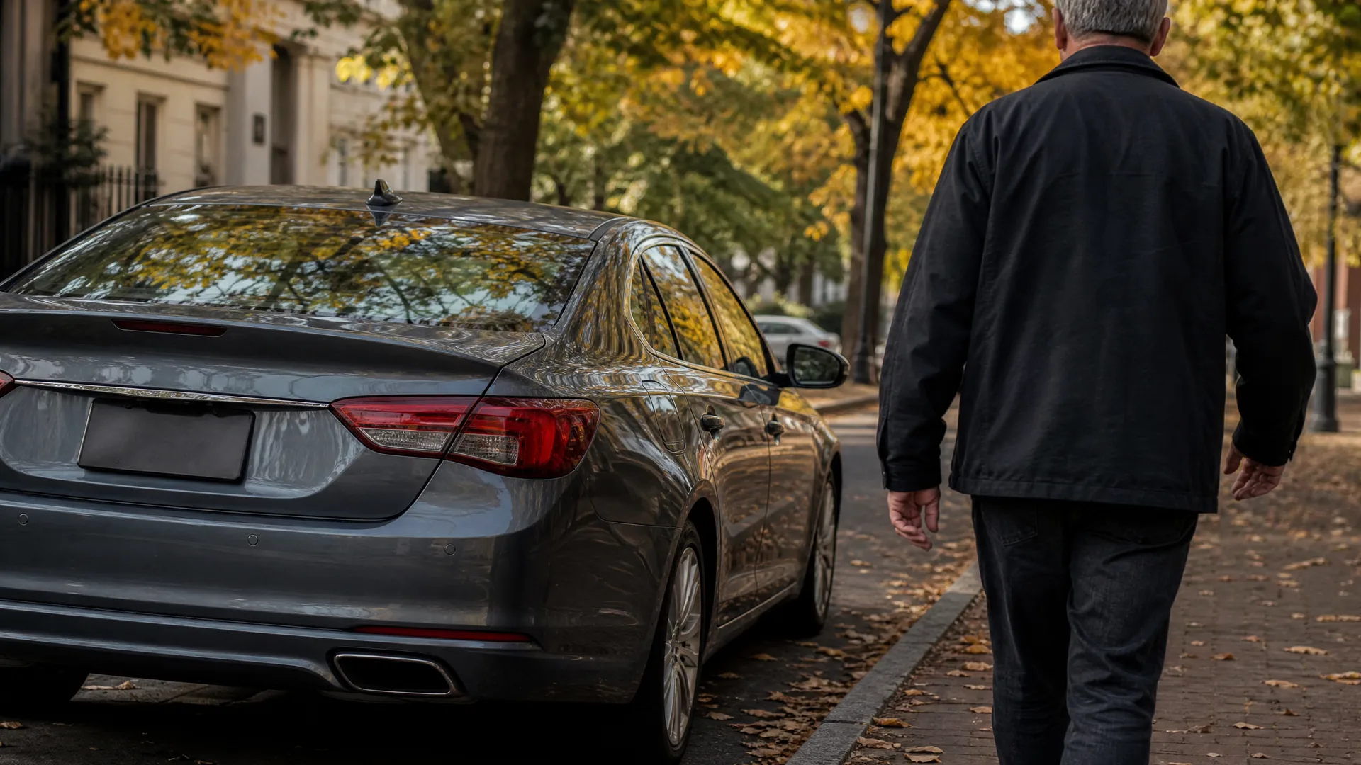 A man in a dark jacket walks away from the camera along a leaf-covered sidewalk beside a gray sedan parked on a tree-lined street with yellowing foliage.