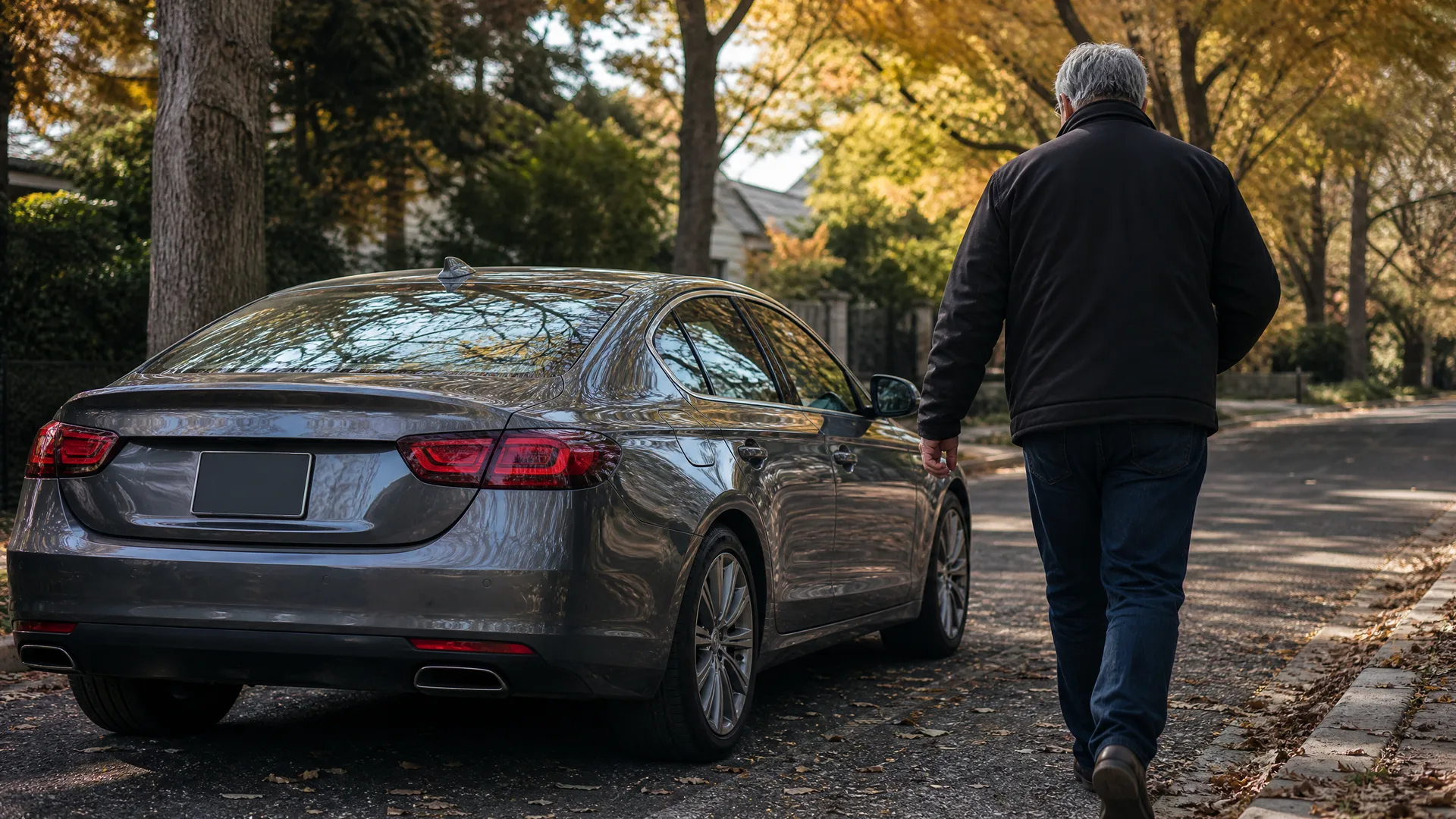 A gray four-door sedan with a blank license plate parked at the curb of a tree-lined street, with a gray-haired man in a dark jacket and jeans walking away past it.