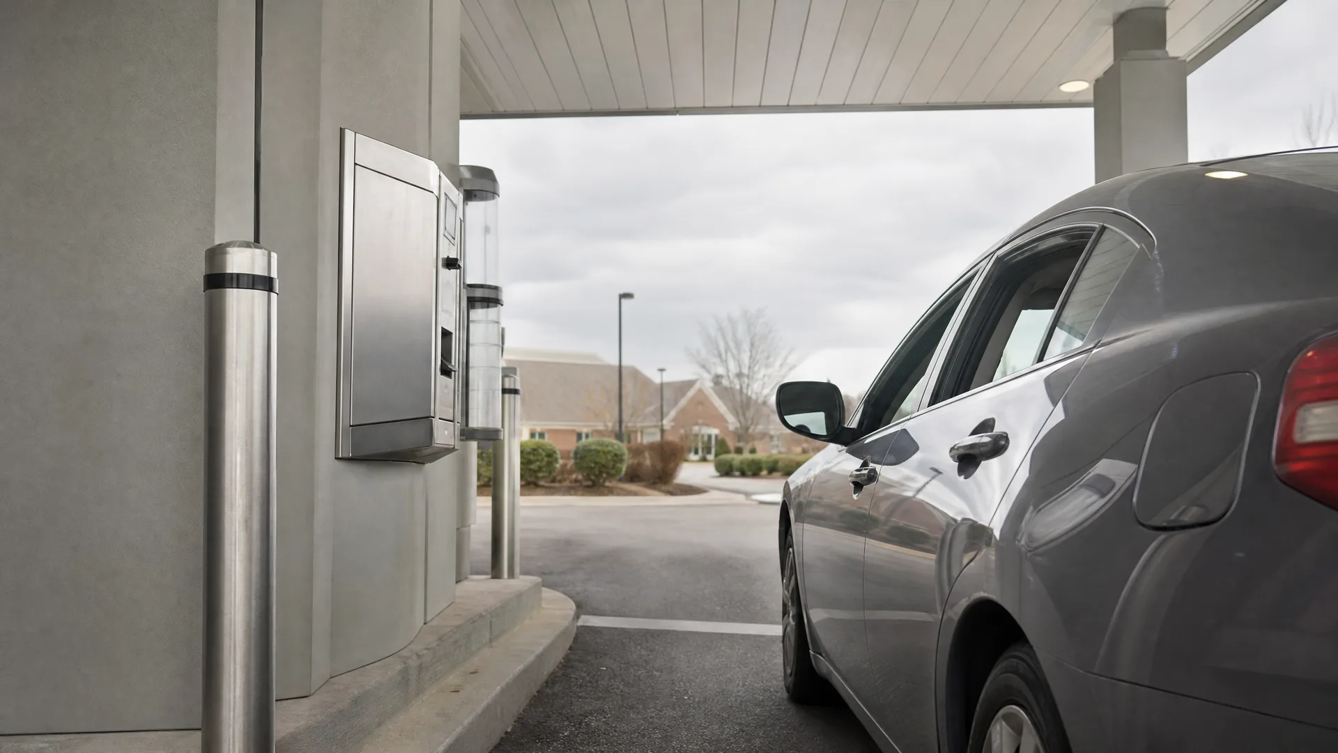A gray sedan stopped under a drive-through canopy beside a stainless steel wall-mounted terminal and metal bollards, with a parking lot and bare trees in the background under an overcast sky.