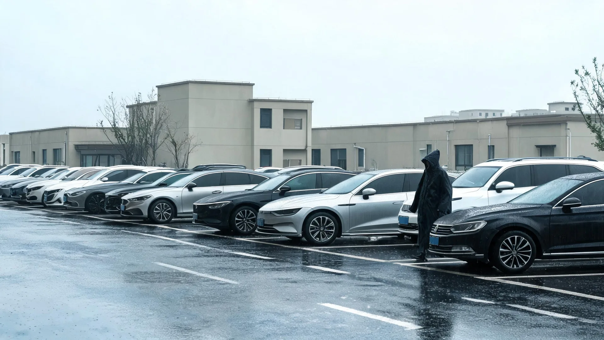 A row of parked cars on a wet parking lot in front of a low beige building under an overcast sky, with one person in a dark hooded rain poncho standing between two of the cars.
