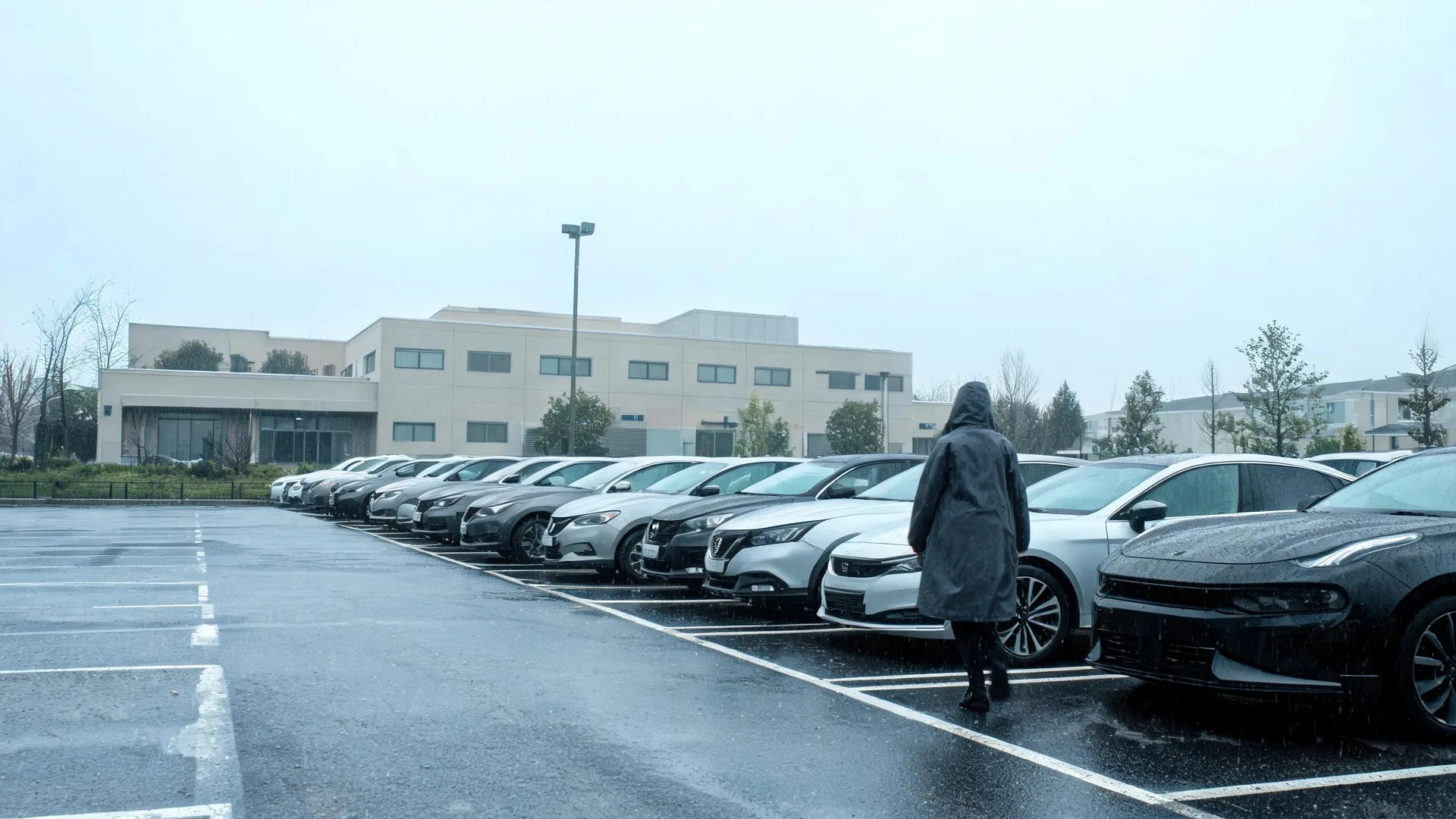 A person in a long dark hooded coat walks through a wet parking lot lined with a row of parked cars, with a low light-colored office building and bare trees under an overcast sky in the background.