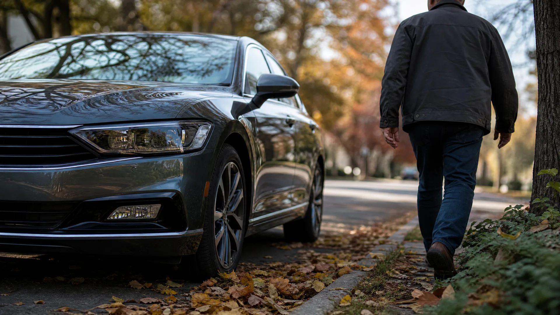 A dark gray sedan parked at a curb on a leaf-covered residential street while a person in a dark jacket and jeans walks away along the sidewalk.