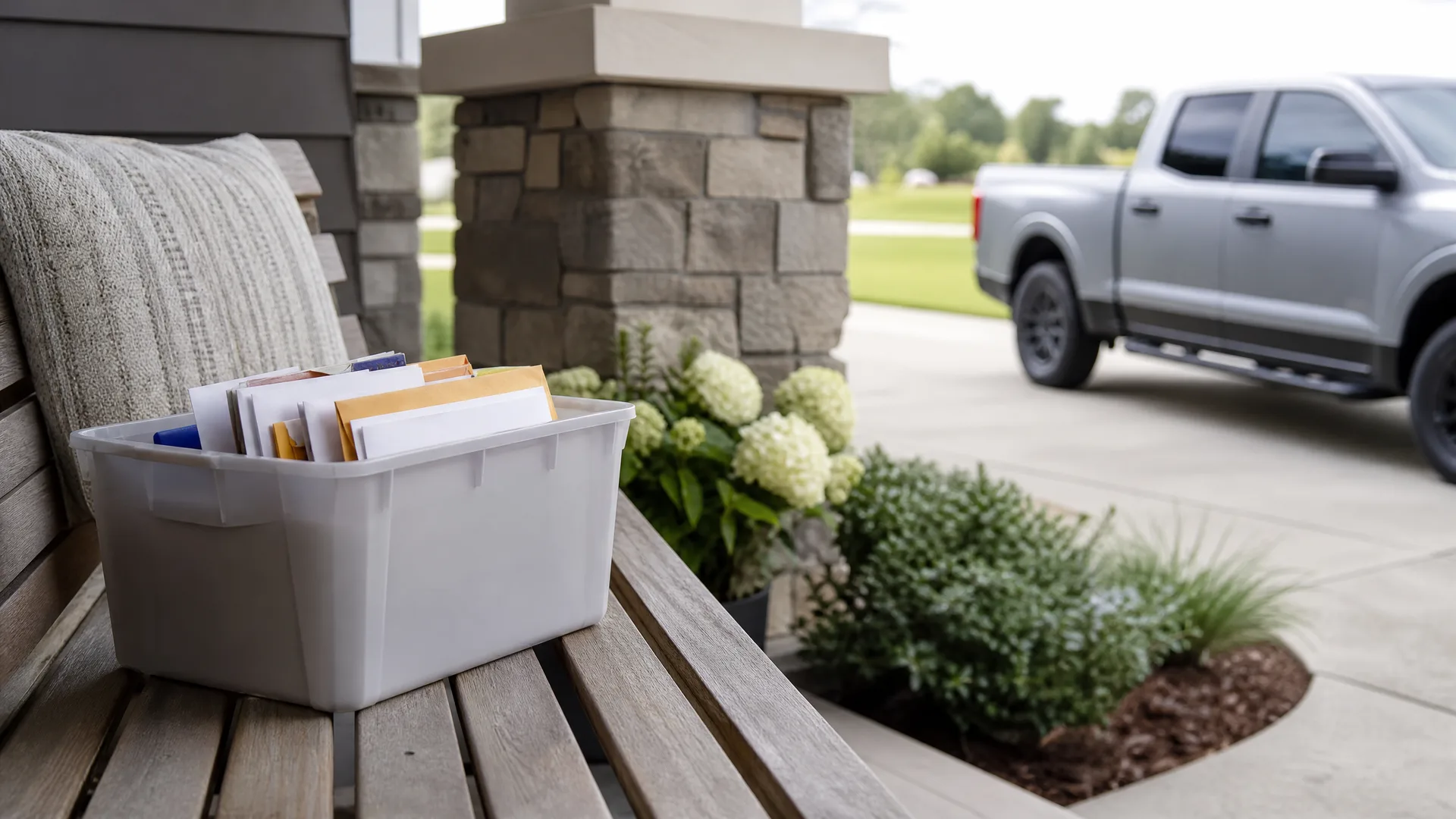 A white plastic bin filled with envelopes and mail sits on a wooden bench on a covered porch with a stone column, flowering shrubs, and a silver pickup truck parked in the driveway behind.