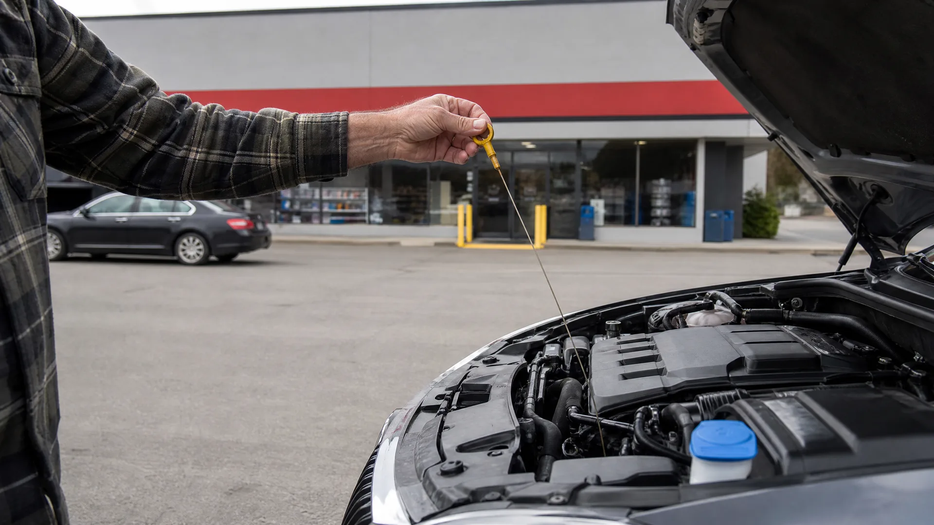 A person in a plaid shirt holds up an engine oil dipstick above an open car hood in a parking lot, with a sedan and a storefront in the background.