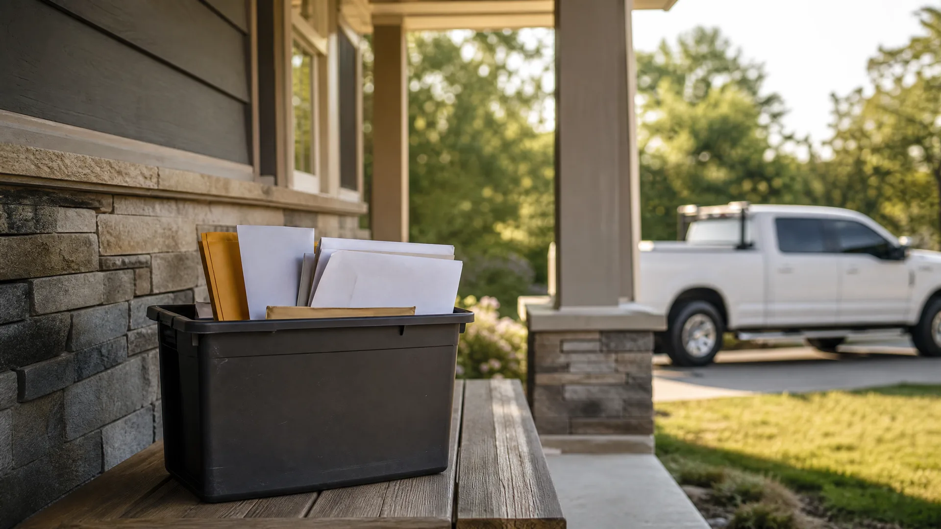 A black plastic bin filled with envelopes and papers sits on a wooden porch step beside a stone-veneer wall, with a white pickup truck parked in a driveway in the blurred background.