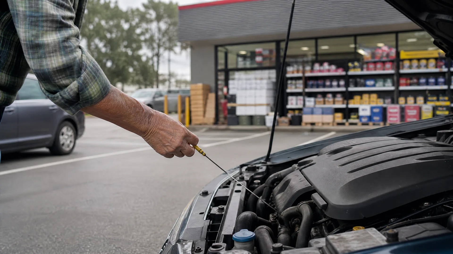A person's arm in a plaid shirt pulls the dipstick from the engine bay of a car with its hood open, in a parking lot outside a store with shelves of products visible through the windows.