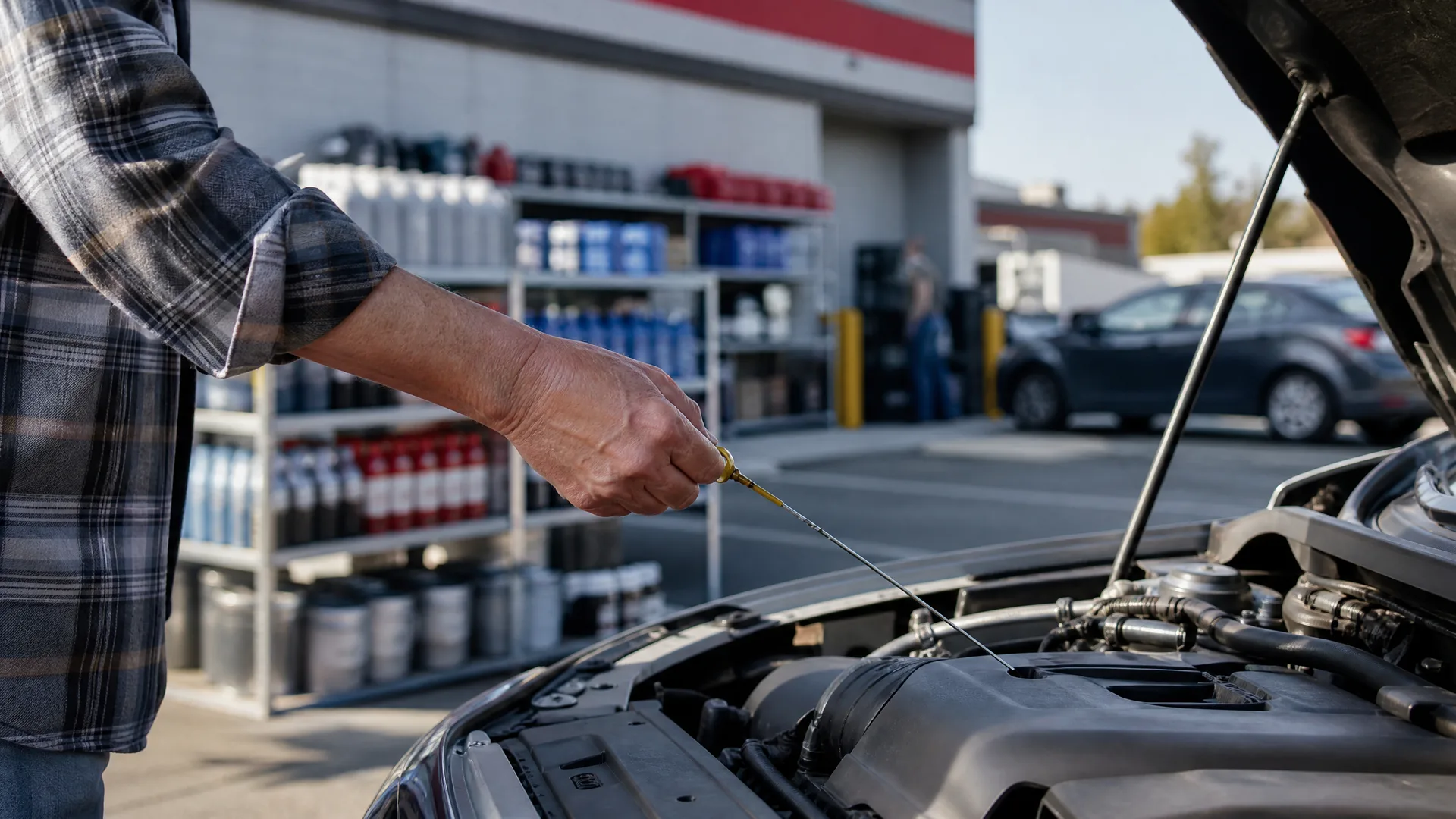A person in a plaid shirt pulls a dipstick from the engine bay of a car with its hood open, outside a shop with shelves of bottles and a parked car in the background.