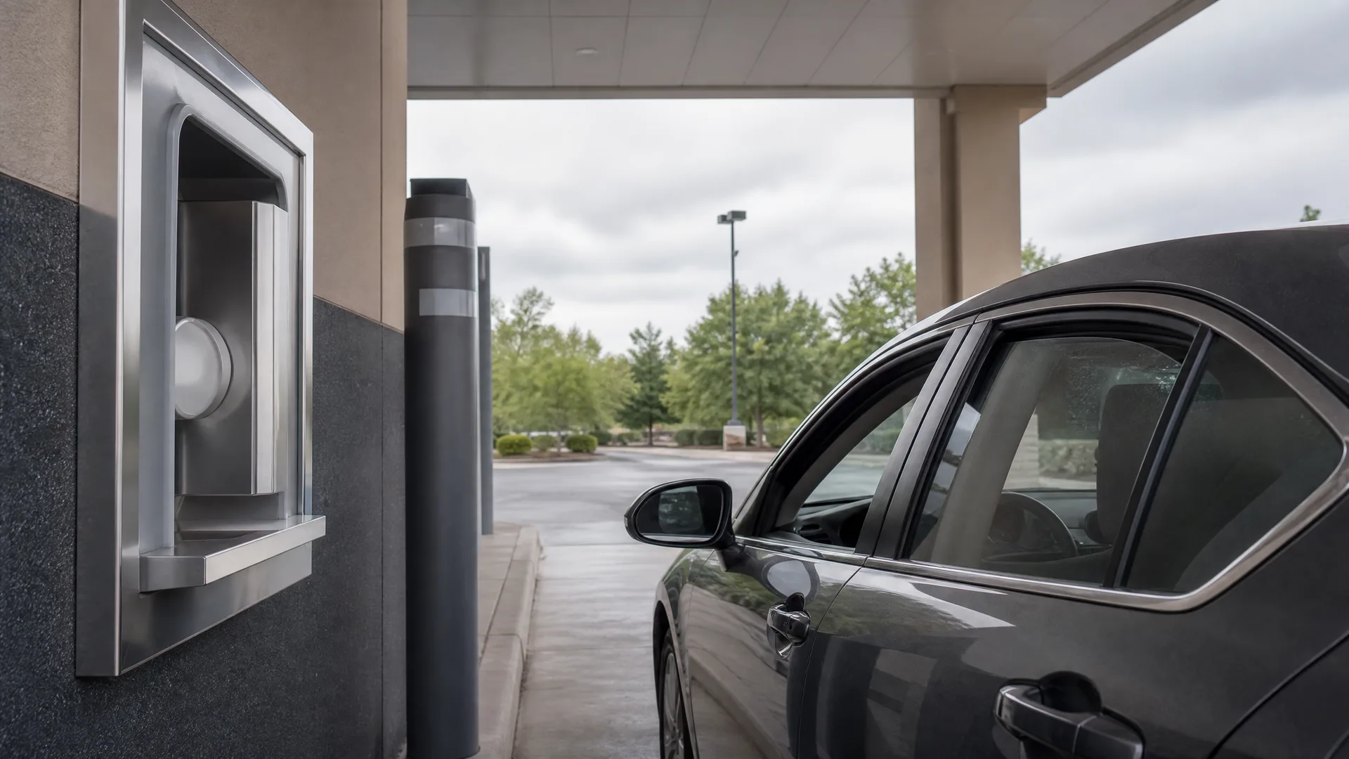 A dark sedan stopped under a canopy beside a stainless steel drive-up service window set into a stucco wall, with a bollard, pavement and trees under an overcast sky in the background.
