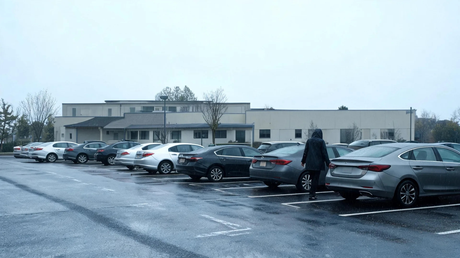 A person in a dark hooded coat walks between rows of parked cars on a wet parking lot in front of a low beige building under an overcast sky.