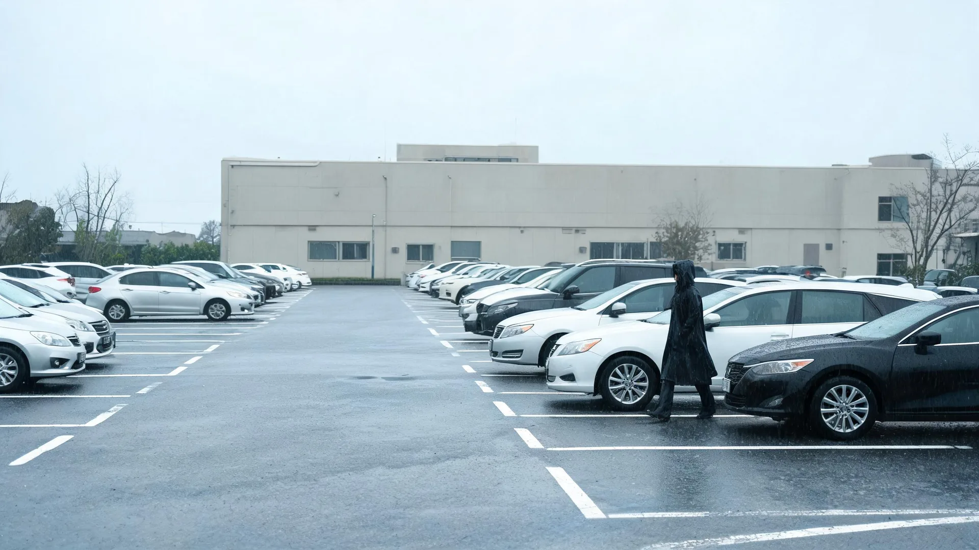A person in a dark hooded coat walks across a wet parking lot filled with parked cars in front of a long beige building under an overcast sky.