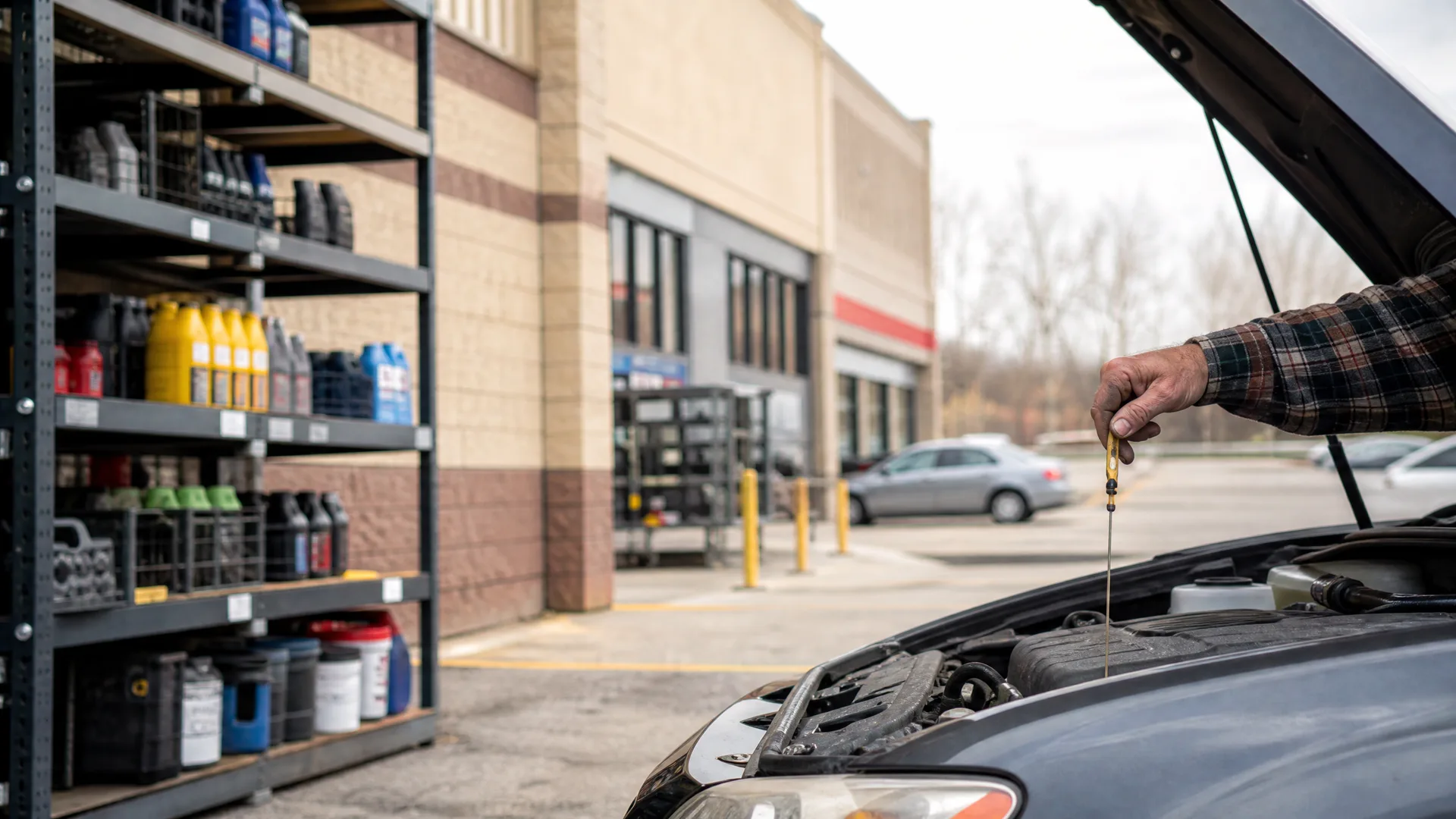 A person's hand holds an oil dipstick above the open engine bay of a dark car, with shelves of motor oil bottles at left and a building and parking lot in the background.