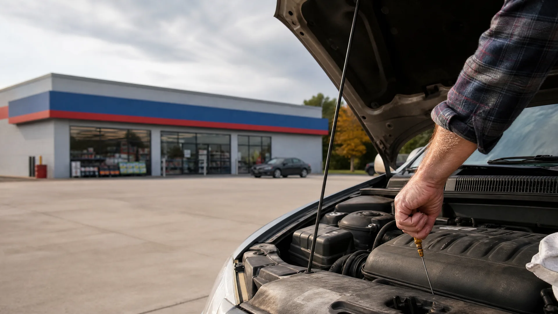 A person's arm in a plaid shirt pulls a dipstick from a car engine under a raised hood, with a low retail building and parking lot in the background.