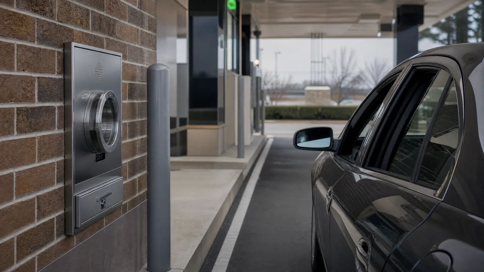 A stainless steel drive-through teller unit with speaker and deposit drawer mounted on a brick wall beside a gray bollard, with a dark sedan stopped in the lane under a canopy.