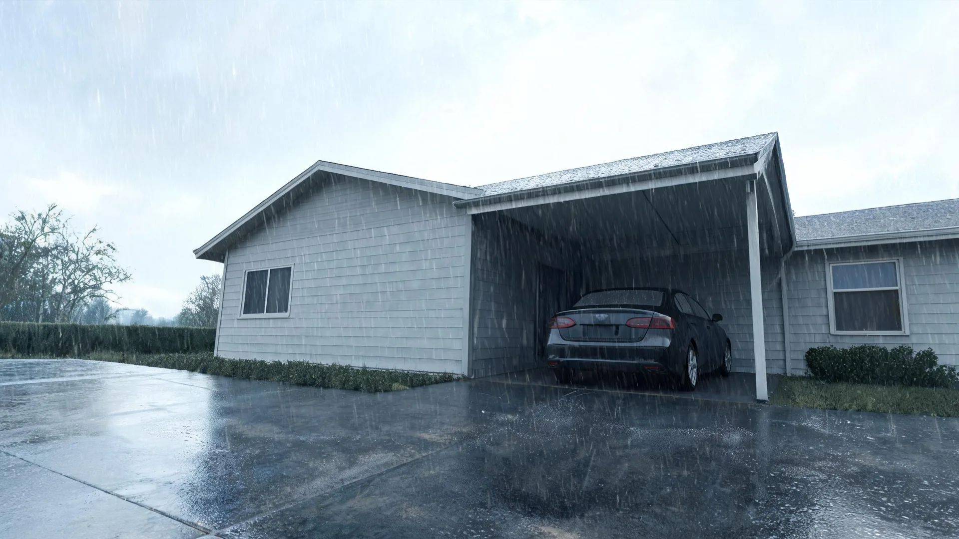 A single-story house with light gray shingle siding and a carport sheltering a dark sedan, seen during heavy rain with wet pavement in the foreground under an overcast sky.