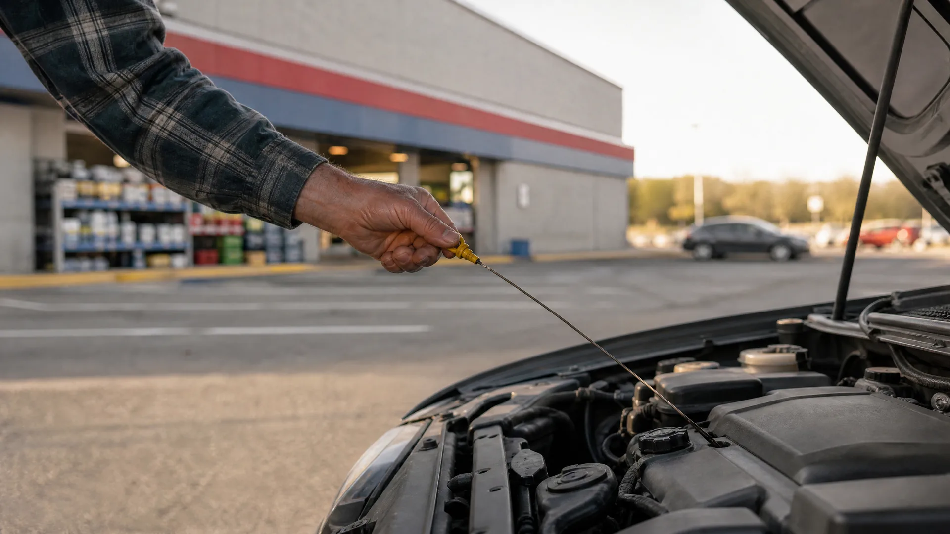 A person's arm in a plaid shirt holds an oil dipstick above an open car hood in a parking lot in front of a low commercial building.