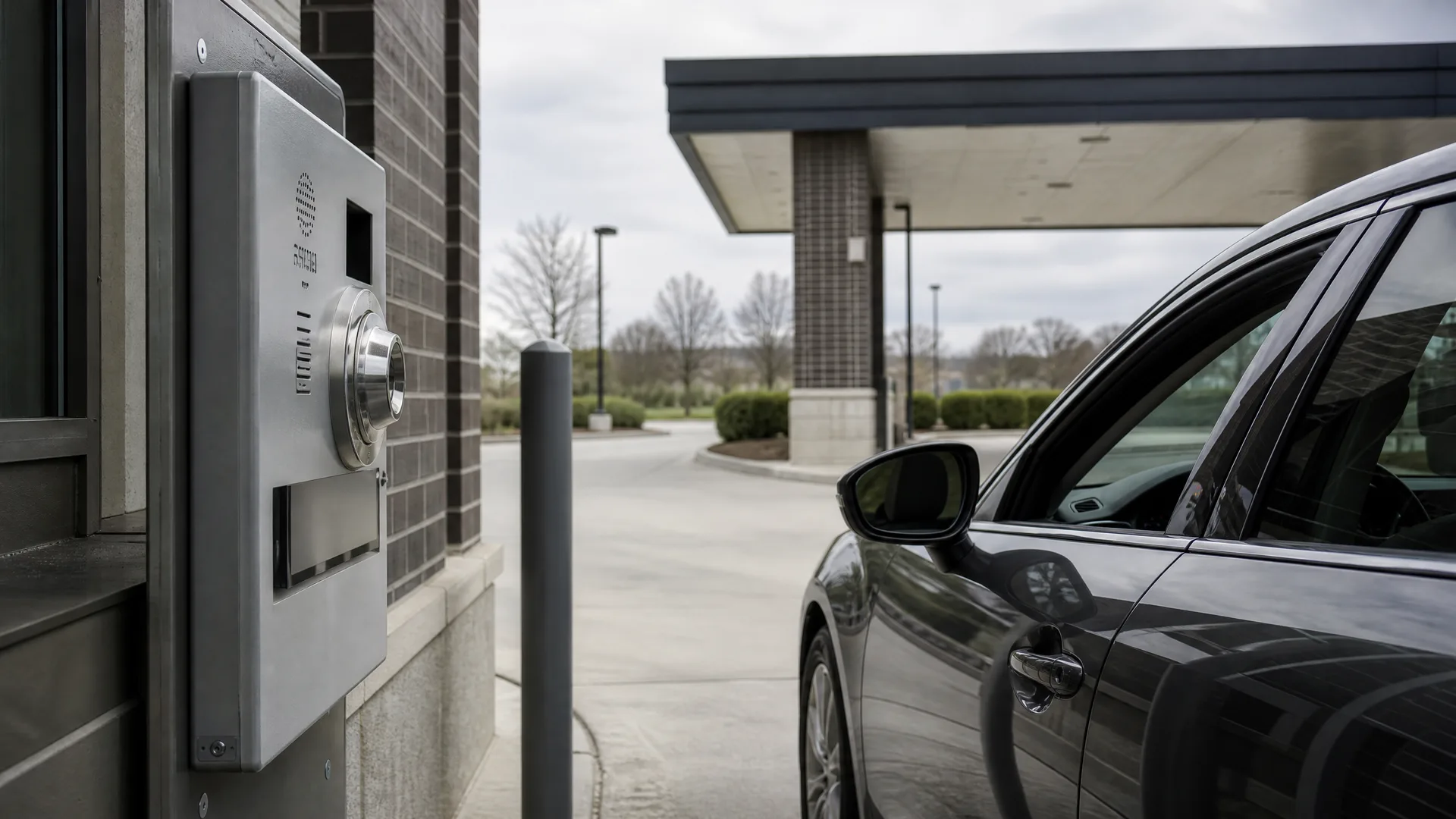 A stainless steel intercom or call box mounted on a brick wall in the foreground, with a dark sedan stopped beside a drive-through canopy and bollard in the background.