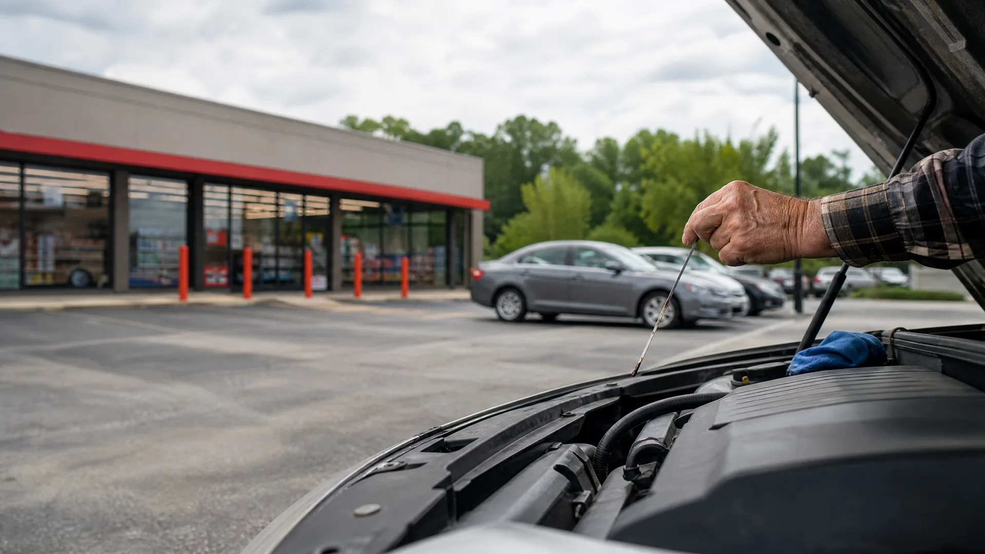 A person's arm in a plaid shirt pulls a dipstick from the engine bay of a car with its hood raised, in a parking lot in front of a storefront with red trim and parked cars.