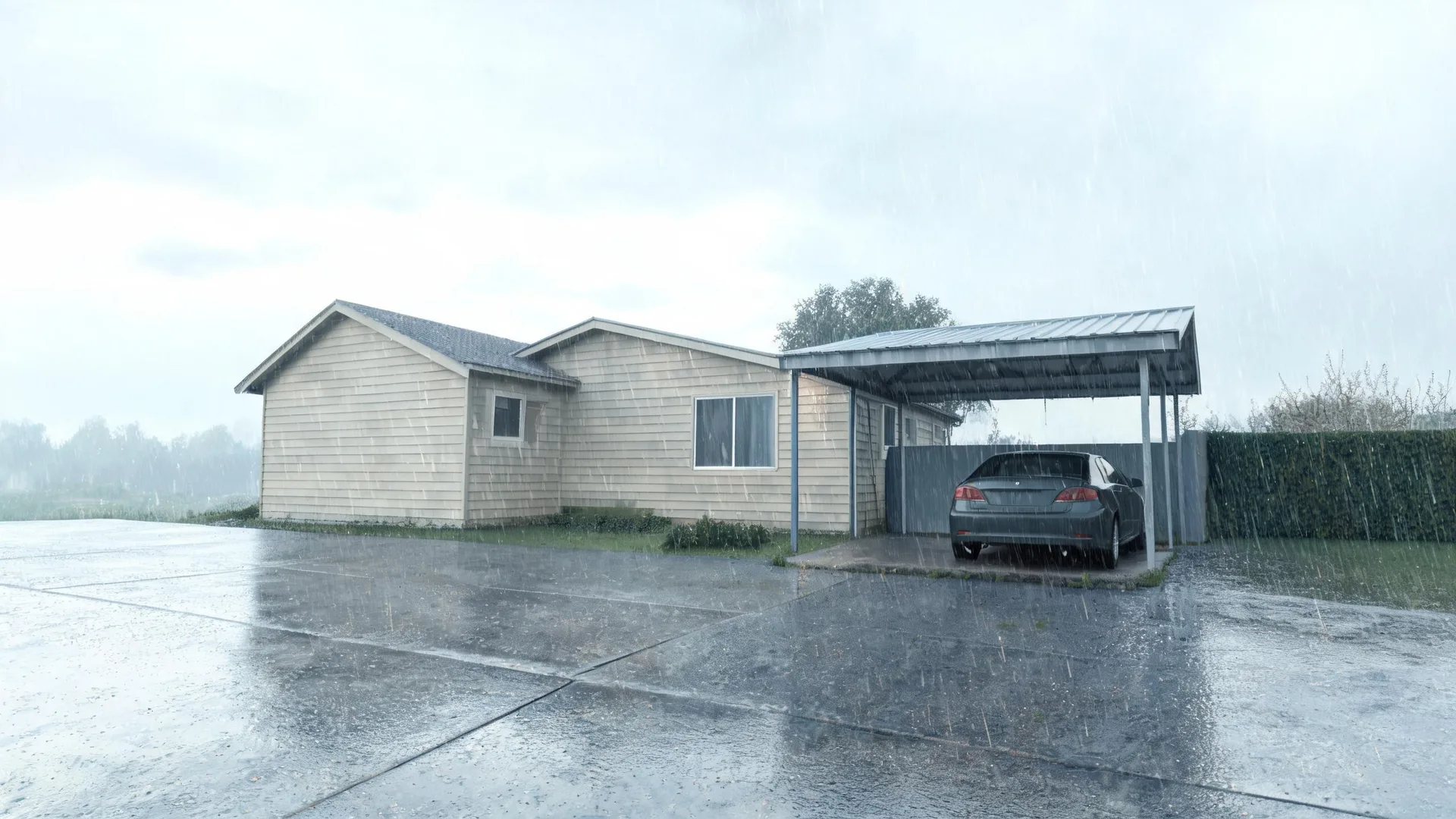 A single-storey house with beige wooden weatherboard siding and a gabled roof beside an attached carport sheltering a dark sedan, with wet paving in the foreground during heavy rain under an overcast sky.