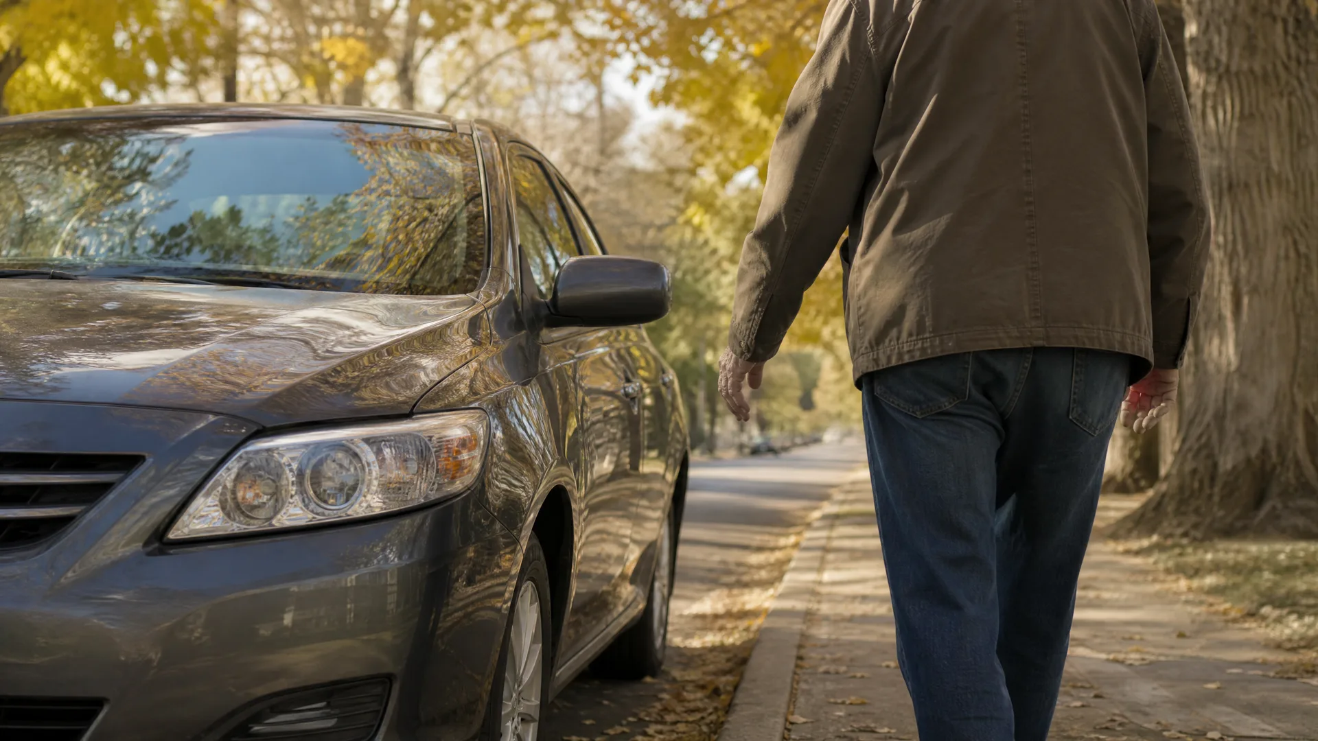 A person in a brown jacket and jeans, shown from the shoulders down, walks along a leaf-strewn sidewalk beside a dark gray sedan parked at the curb, with yellowing trees in the background.
