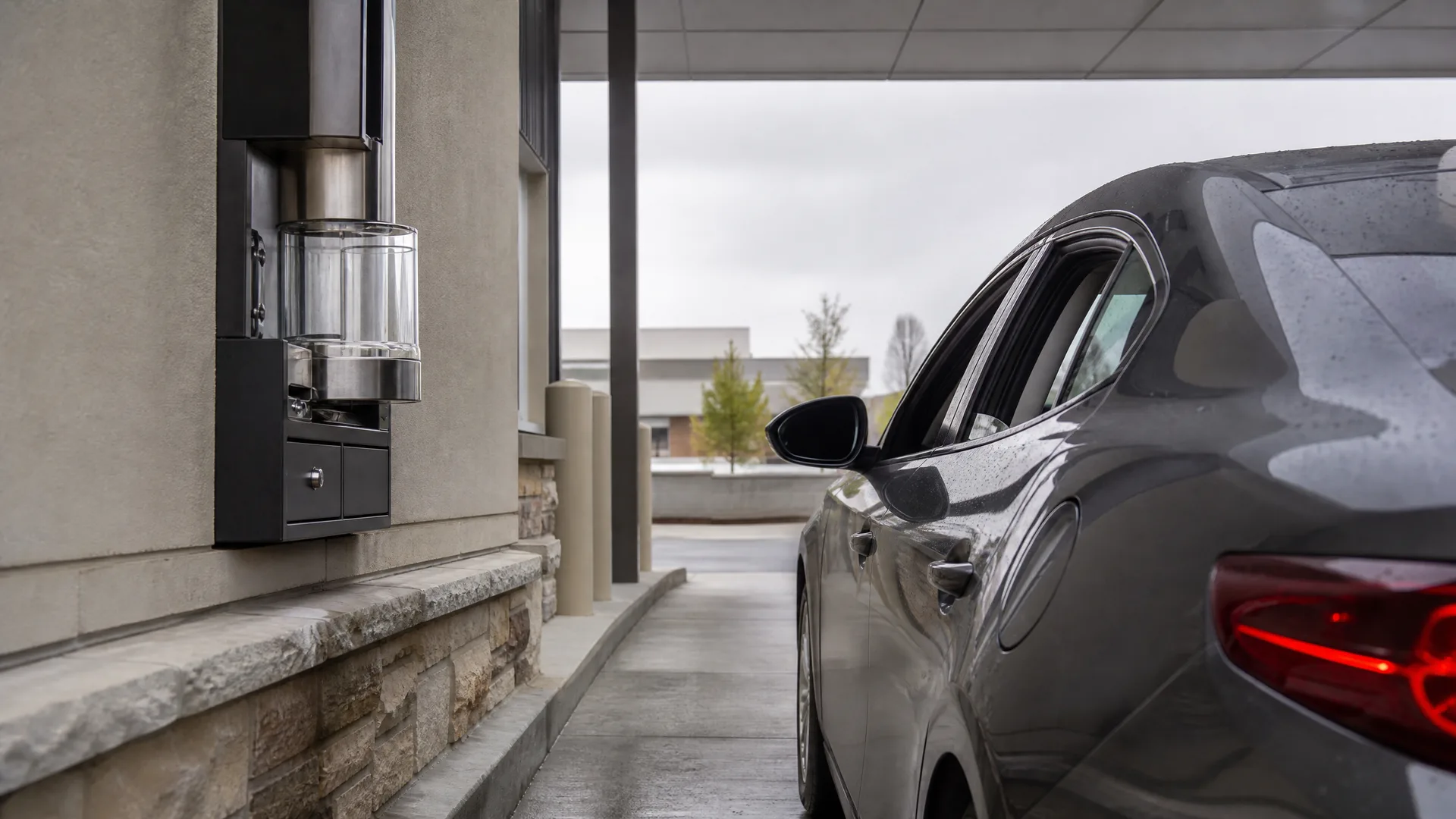 A dark gray car waits beside a drive-through window with a pneumatic tube canister unit mounted on a stucco and stone wall under an overcast sky.