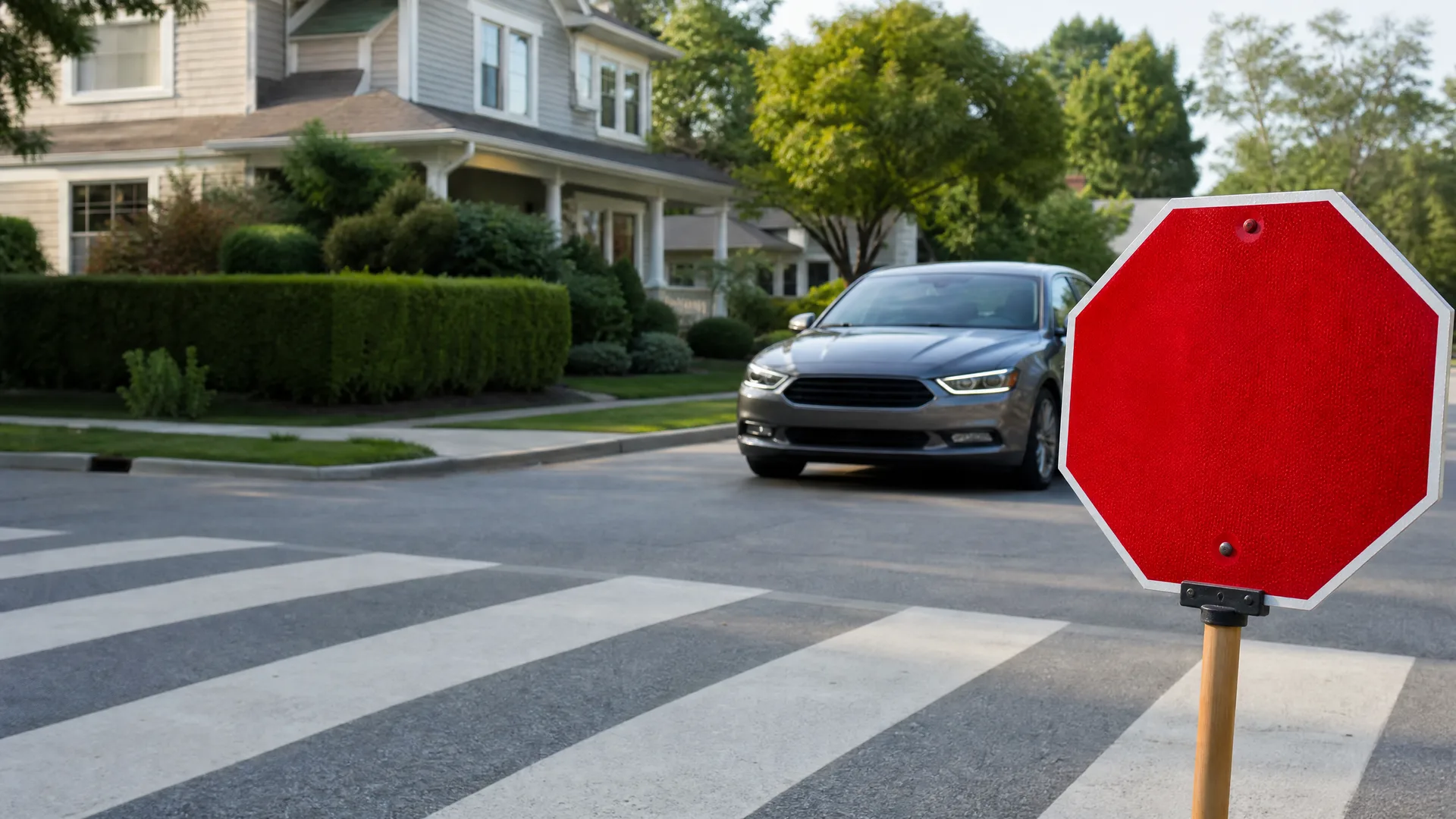 A blank red octagonal handheld sign on a wooden pole is held at the edge of a painted crosswalk while a gray sedan waits on a residential street lined with hedges and houses.