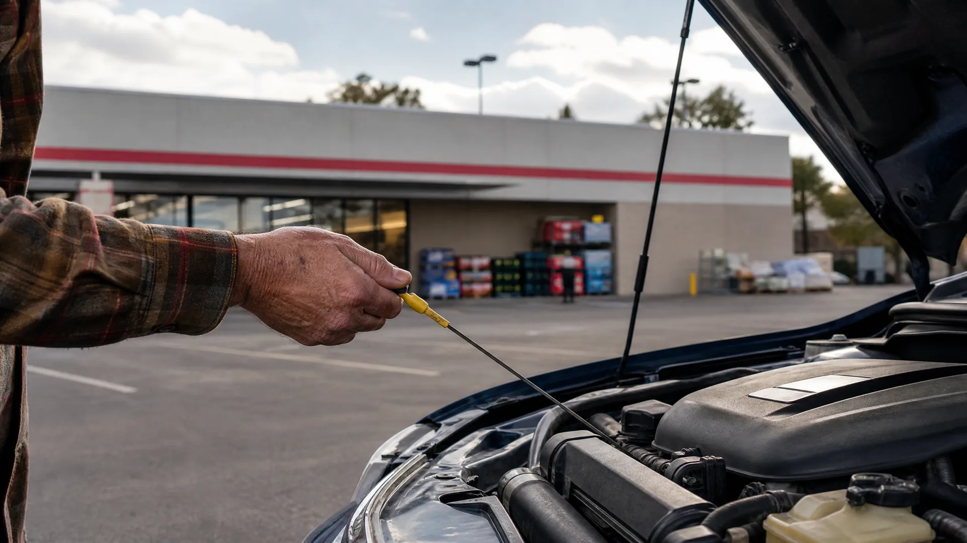 A person's arm in a plaid shirt pulls a yellow-handled oil dipstick from a car engine under an open hood, with a store building and parking lot in the background.