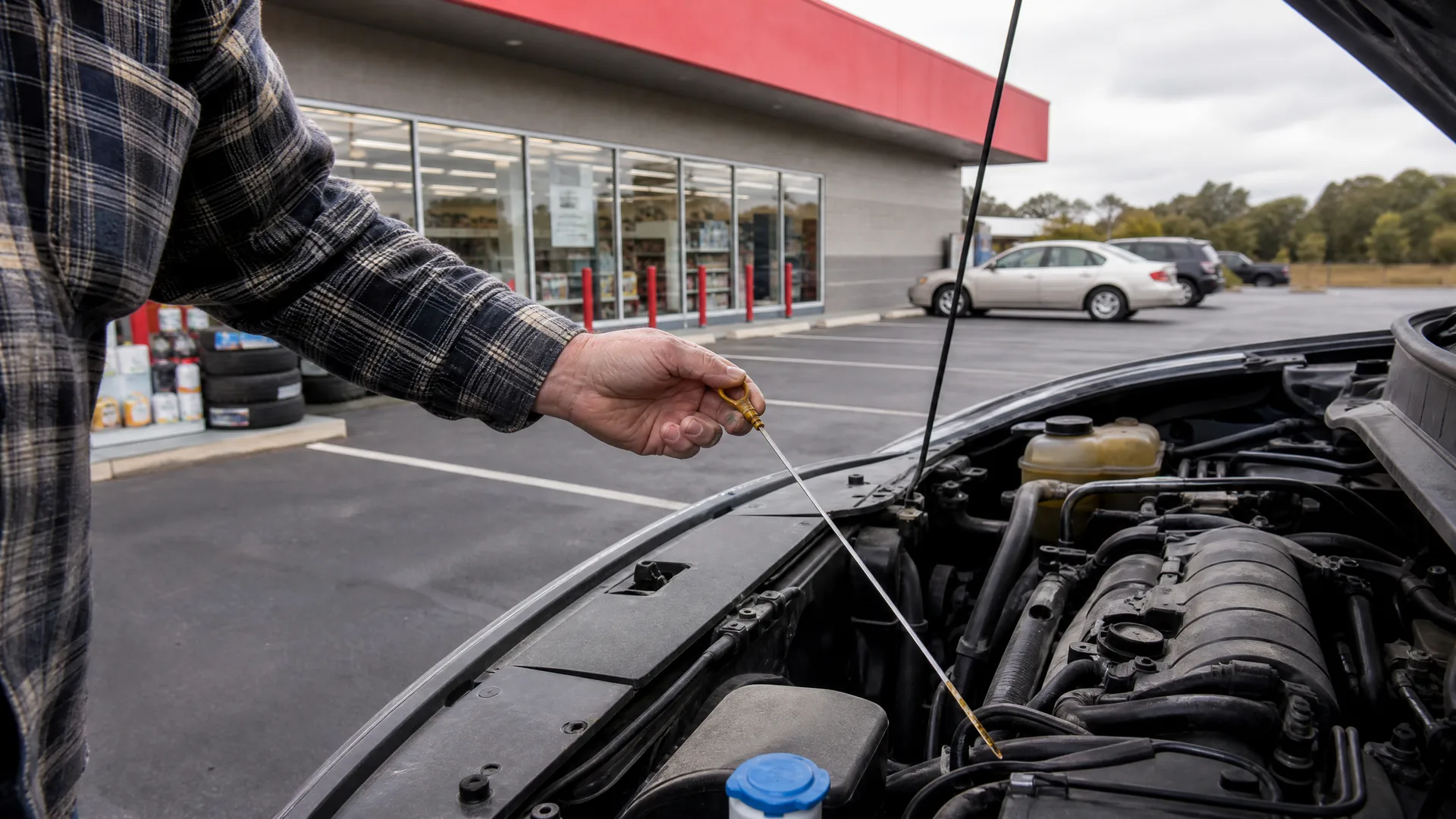 A person in a plaid shirt holds an engine oil dipstick above an open car hood in a parking lot outside a single-story retail building.