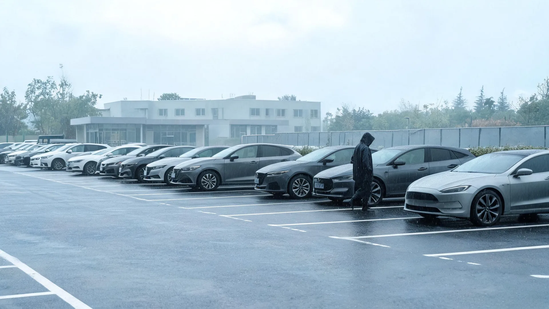 A person in a dark hooded raincoat walks between a long row of parked cars on a wet parking lot during heavy rain, with a low white building and trees in the misty background.