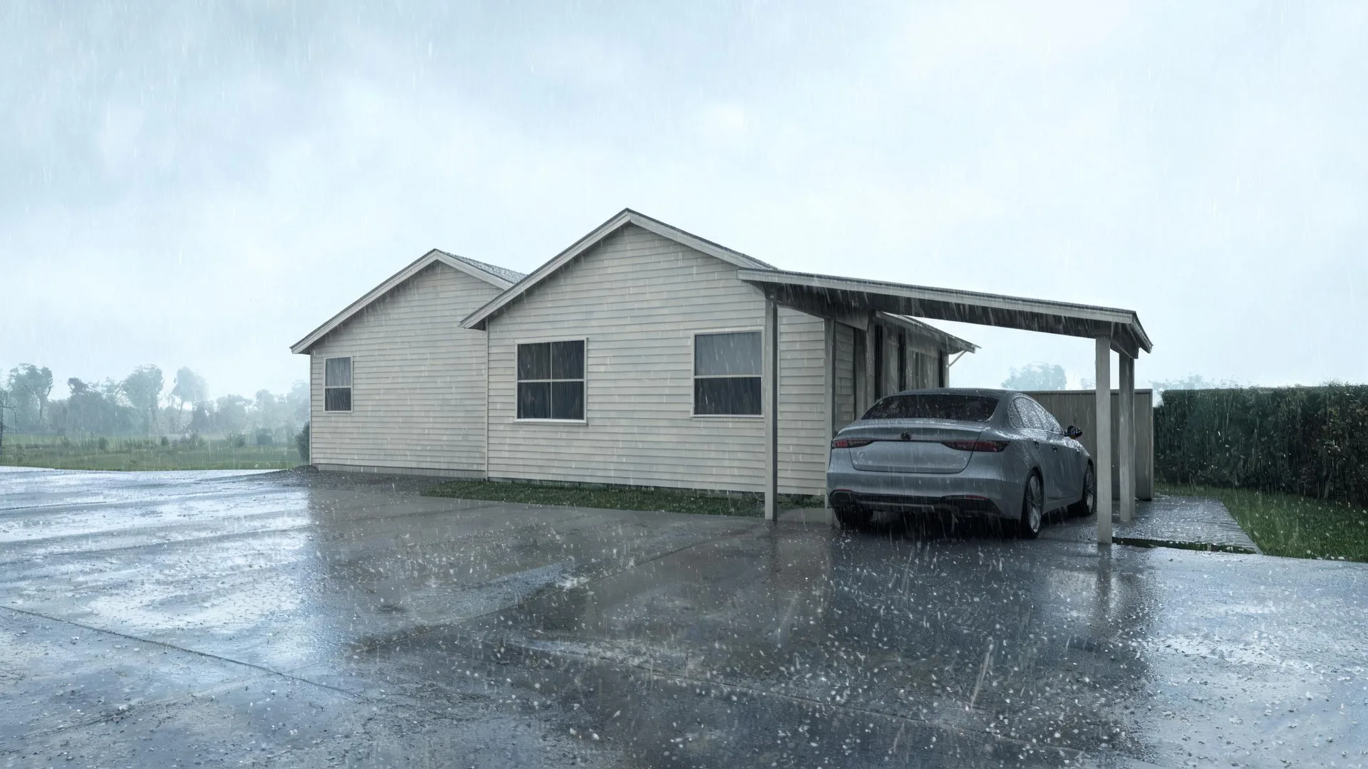 A single-storey weatherboard house with a gabled roof and an attached carport sheltering a grey sedan, seen during heavy rain on a wet paved driveway under an overcast sky.