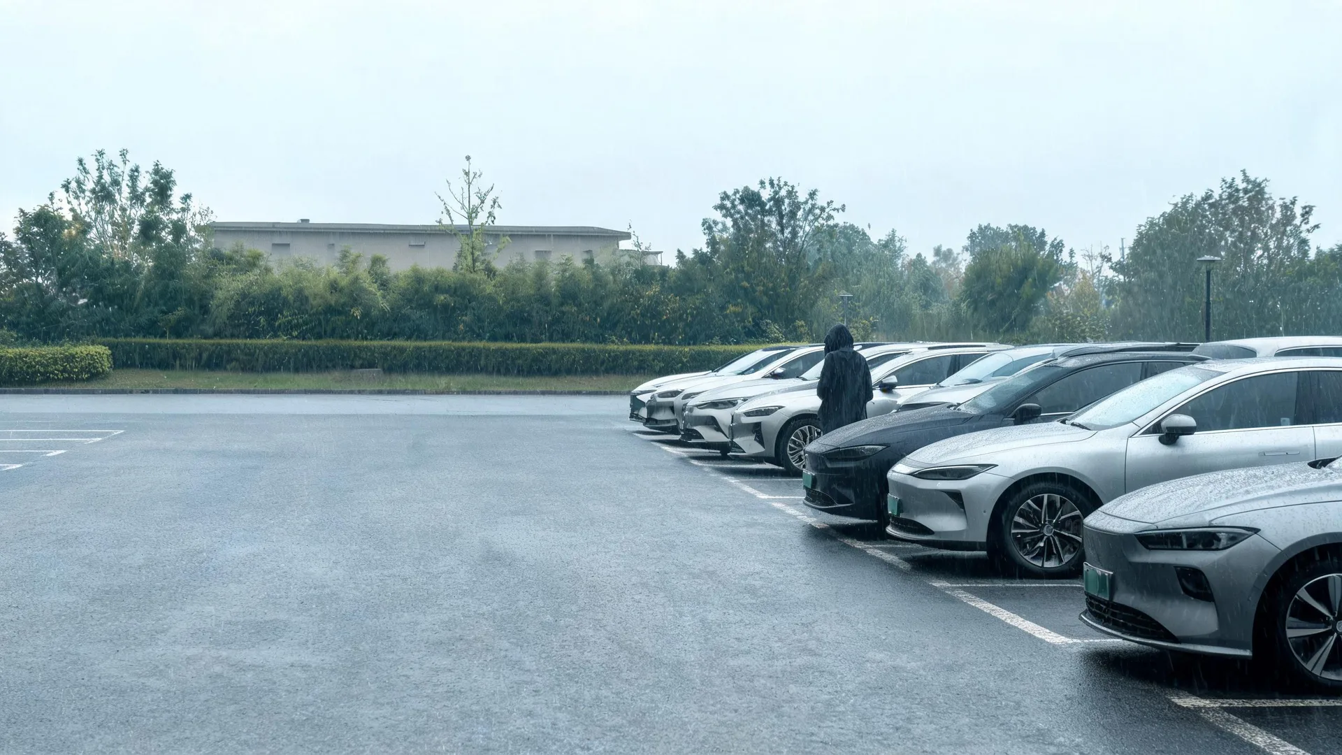A wet parking lot in rain with a row of parked cars angled along the right side, one person in a dark hooded coat standing between vehicles, hedges and trees behind, and a low pale building in the background under an overcast sky.