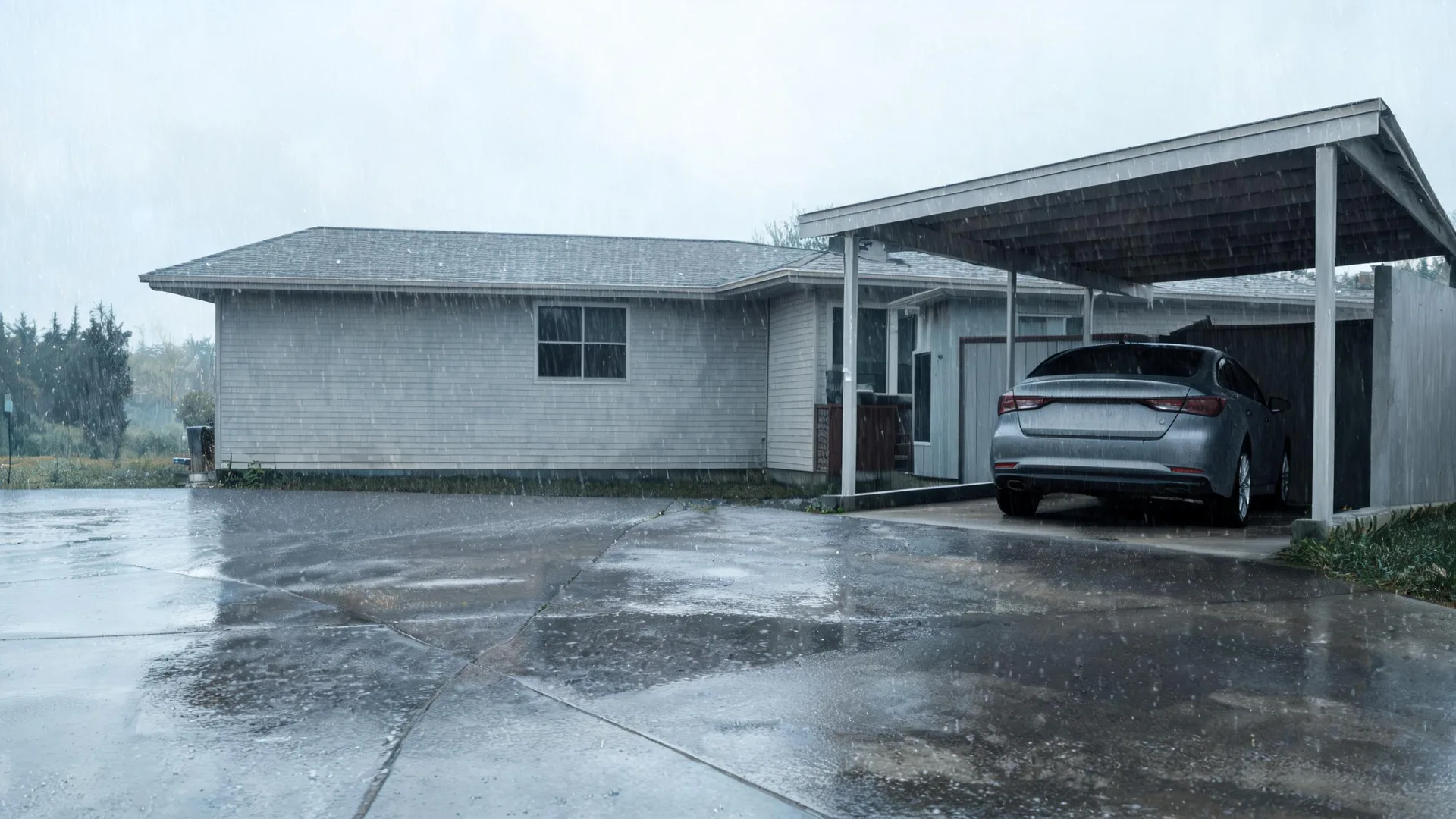 A single-story gray shingled house with an attached carport sheltering a silver sedan, seen from a wet concrete driveway during heavy rain under an overcast sky.