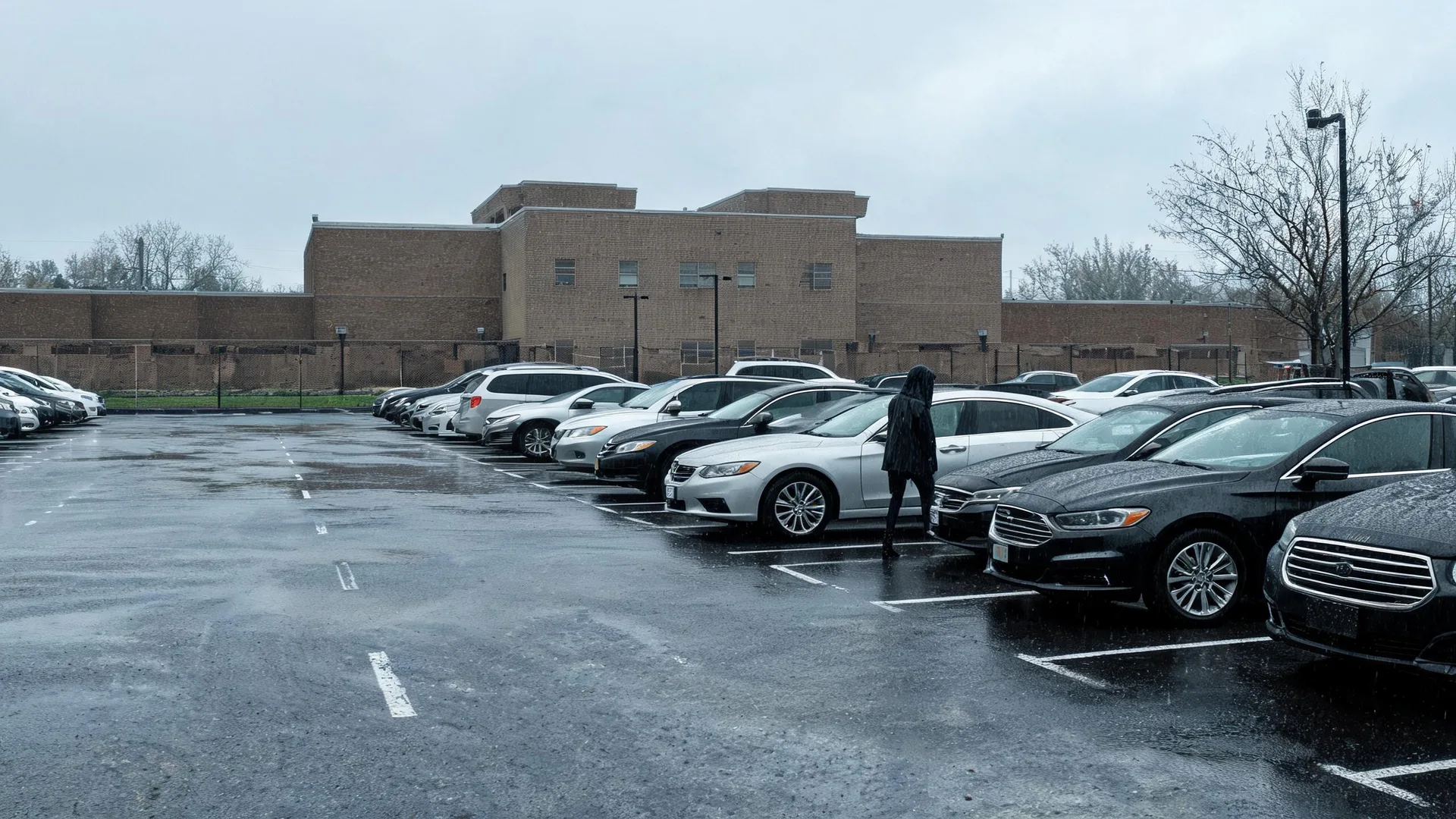 A wet parking lot with a row of parked cars and one person in dark clothing walking between them, in front of a low tan brick building under an overcast sky.