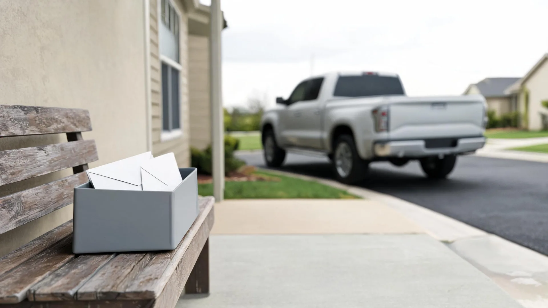 A gray box holding white envelopes sits on a weathered wooden bench beside a stucco house, with a blurred silver pickup truck parked in a driveway in the background.