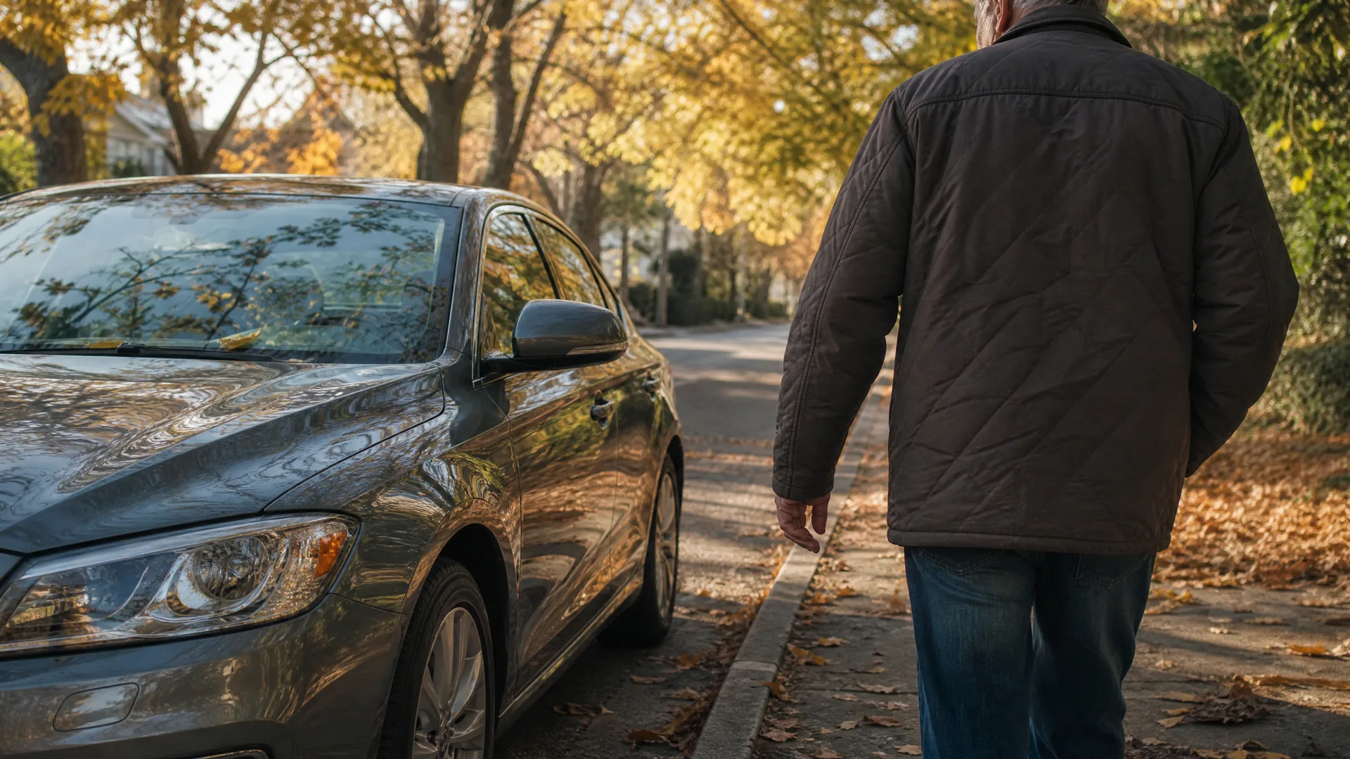 A man in a dark quilted jacket and jeans walks away along a leaf-strewn sidewalk beside a gray sedan parked on a tree-lined street with autumn foliage.