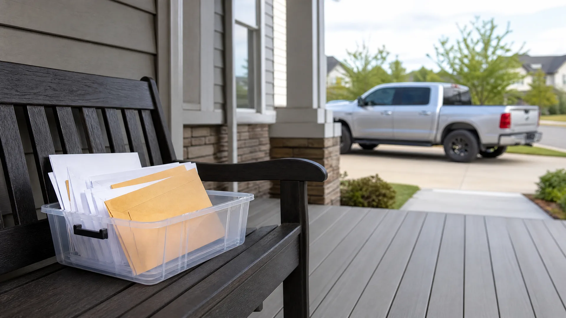 A clear plastic bin holding white and manila envelopes sits on a dark wooden bench on a covered porch, with a silver pickup truck parked in a driveway in the blurred background.