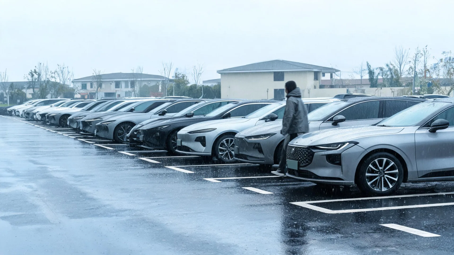 A person in a dark hooded jacket stands beside a long row of parked cars in a wet outdoor lot, with low buildings and bare trees under an overcast sky in the background.