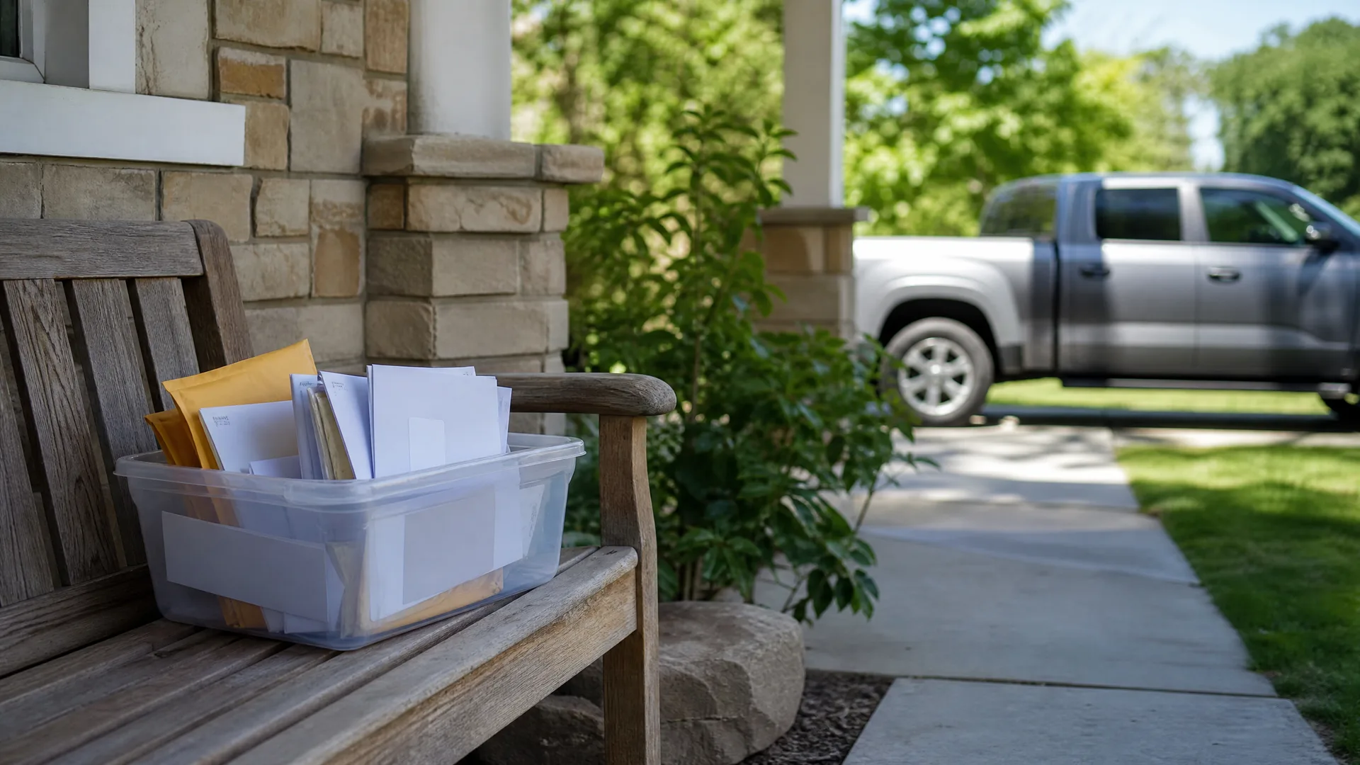 A clear plastic bin filled with envelopes and padded mailers sits on a weathered wooden bench beside a stone-clad porch, with a silver pickup truck parked near a sidewalk in the blurred background.