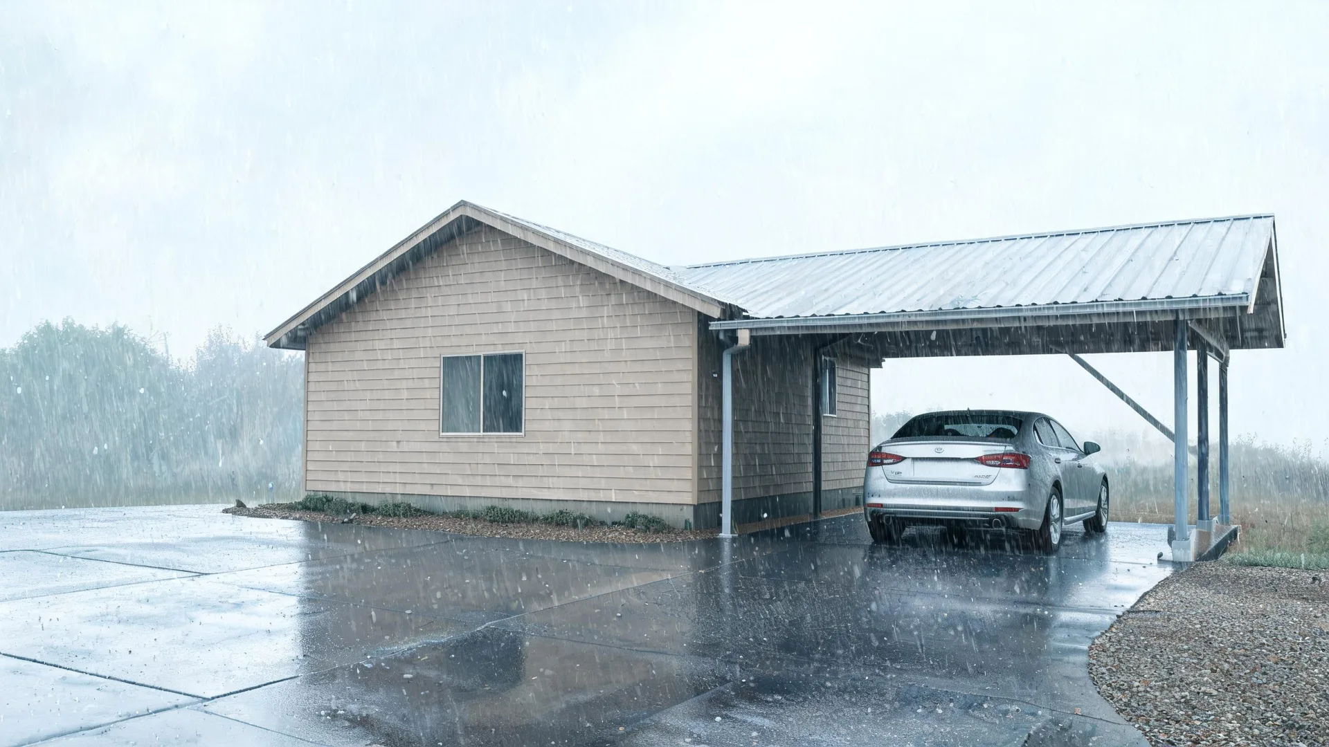 A single-story shingle-sided building with a metal-roofed attached carport shelters a silver sedan on a wet concrete driveway during heavy rain.