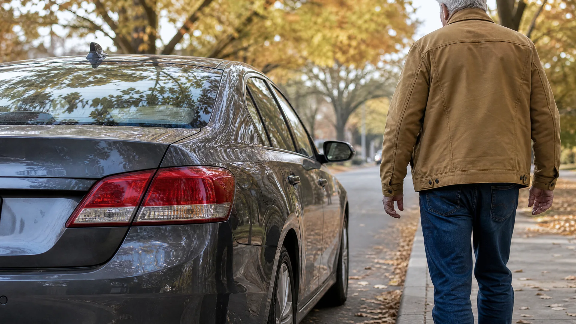A man in a tan jacket and jeans walks away along a leaf-strewn sidewalk beside a dark gray sedan parked on a tree-lined street with autumn foliage.